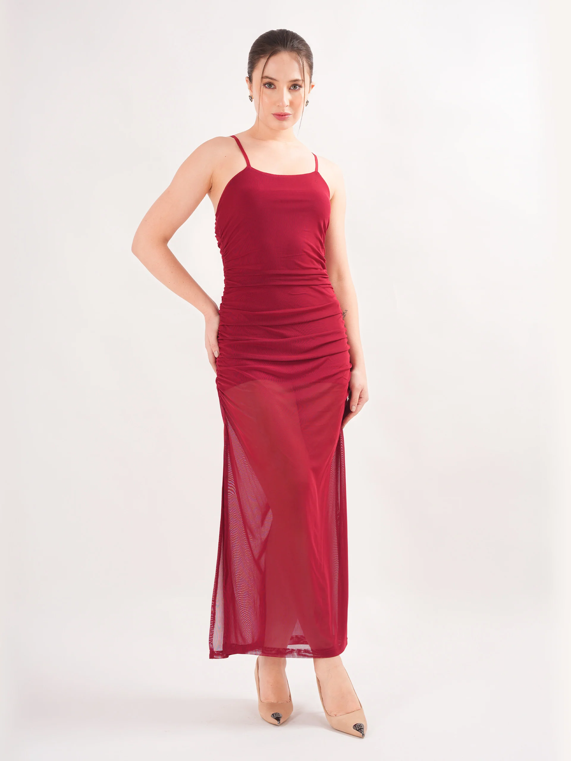 Clobug Maroon Spaghetti Strap Sheer Dress - Image 12