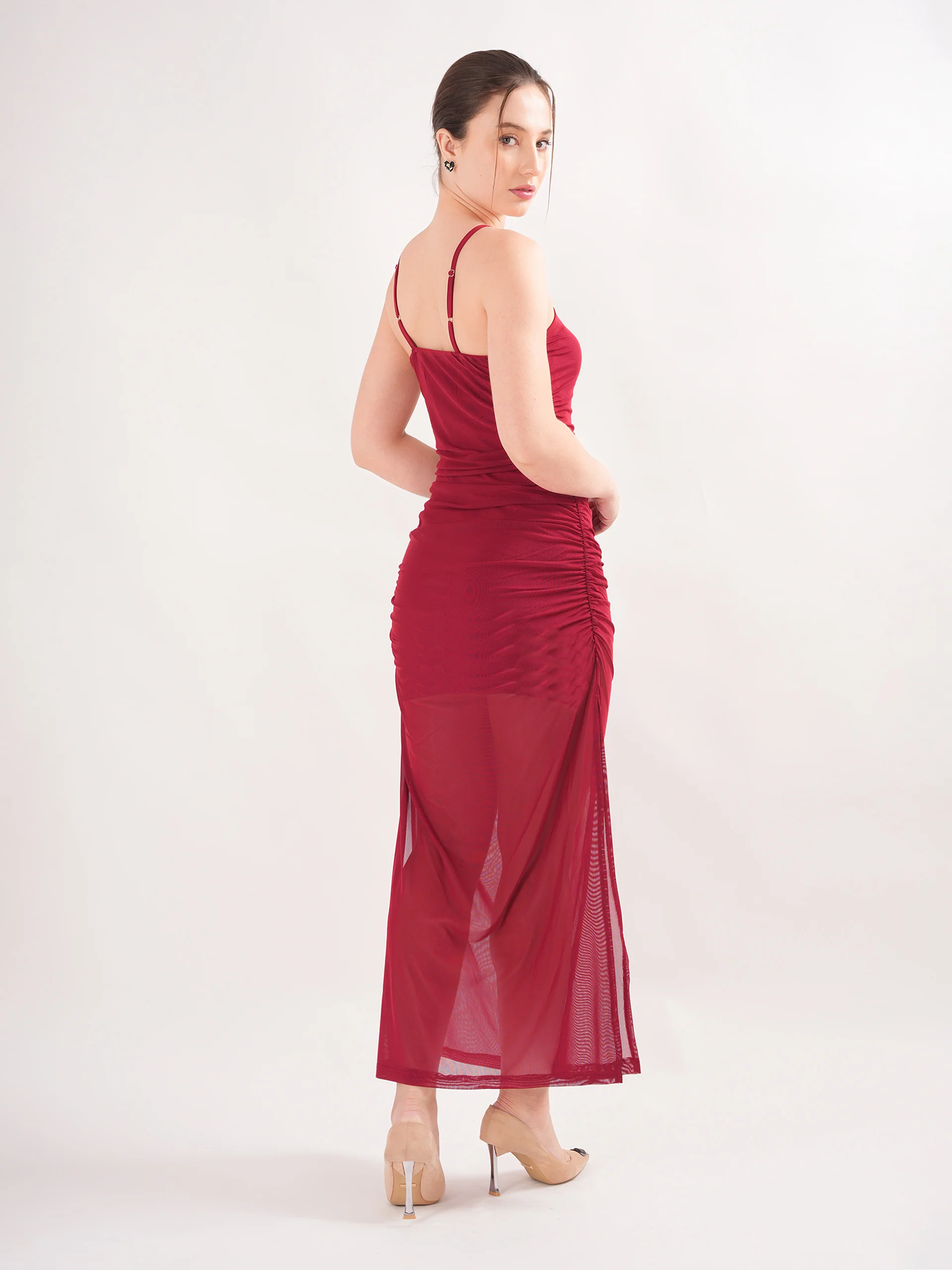 Clobug Maroon Spaghetti Strap Sheer Dress - Image 13