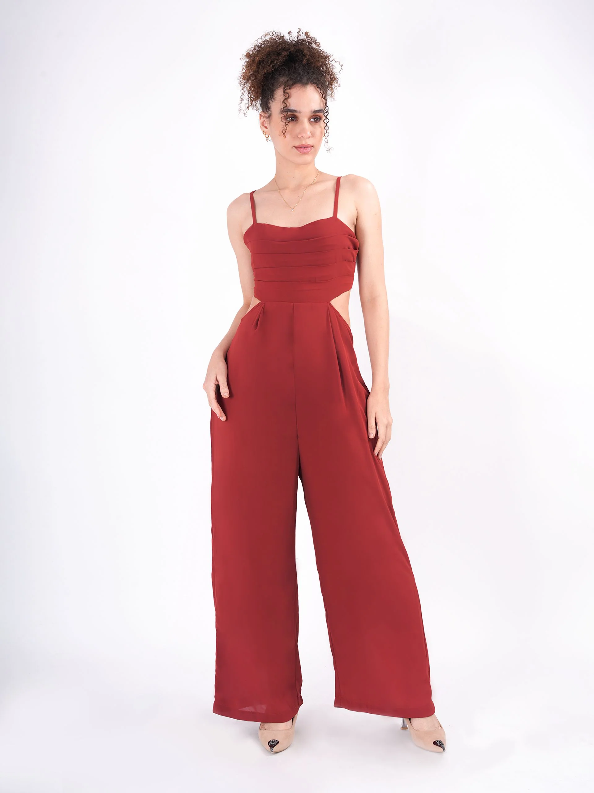 Clobug Maroon Spaghetti Strap Waist detail Jumpsuit - Image 4