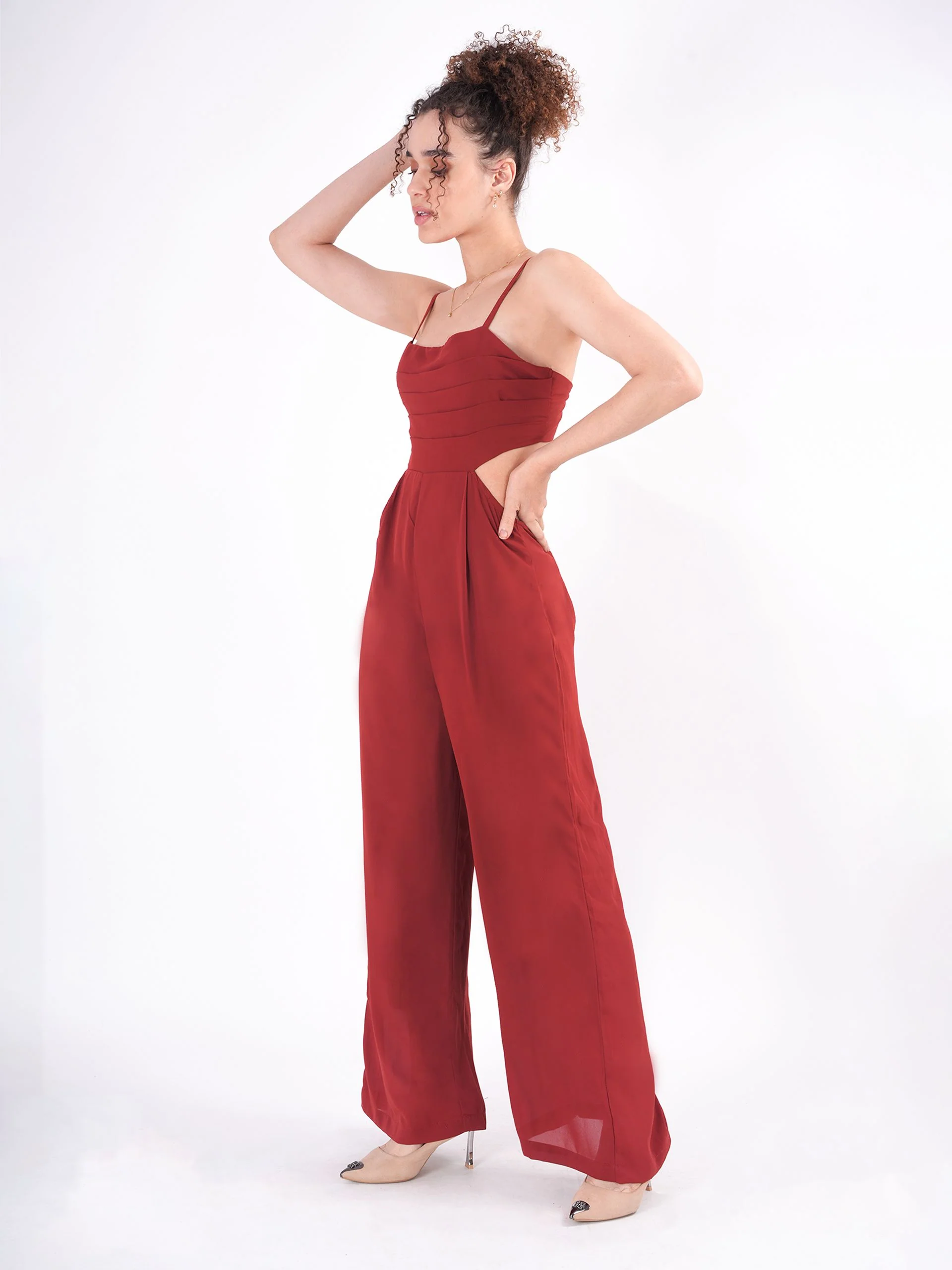 Clobug Maroon Spaghetti Strap Waist detail Jumpsuit - Image 5