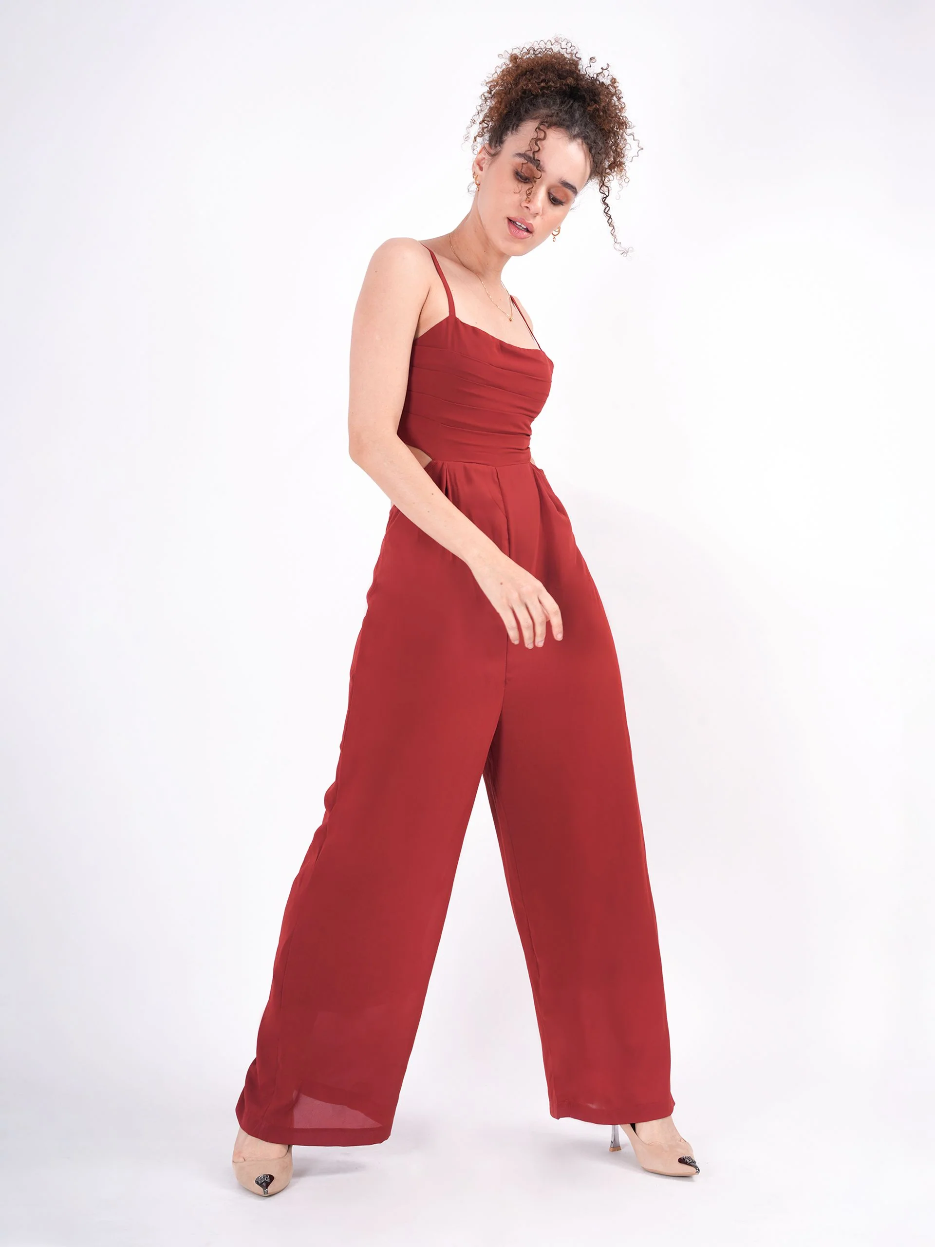Clobug Maroon Spaghetti Strap Waist detail Jumpsuit - Image 6