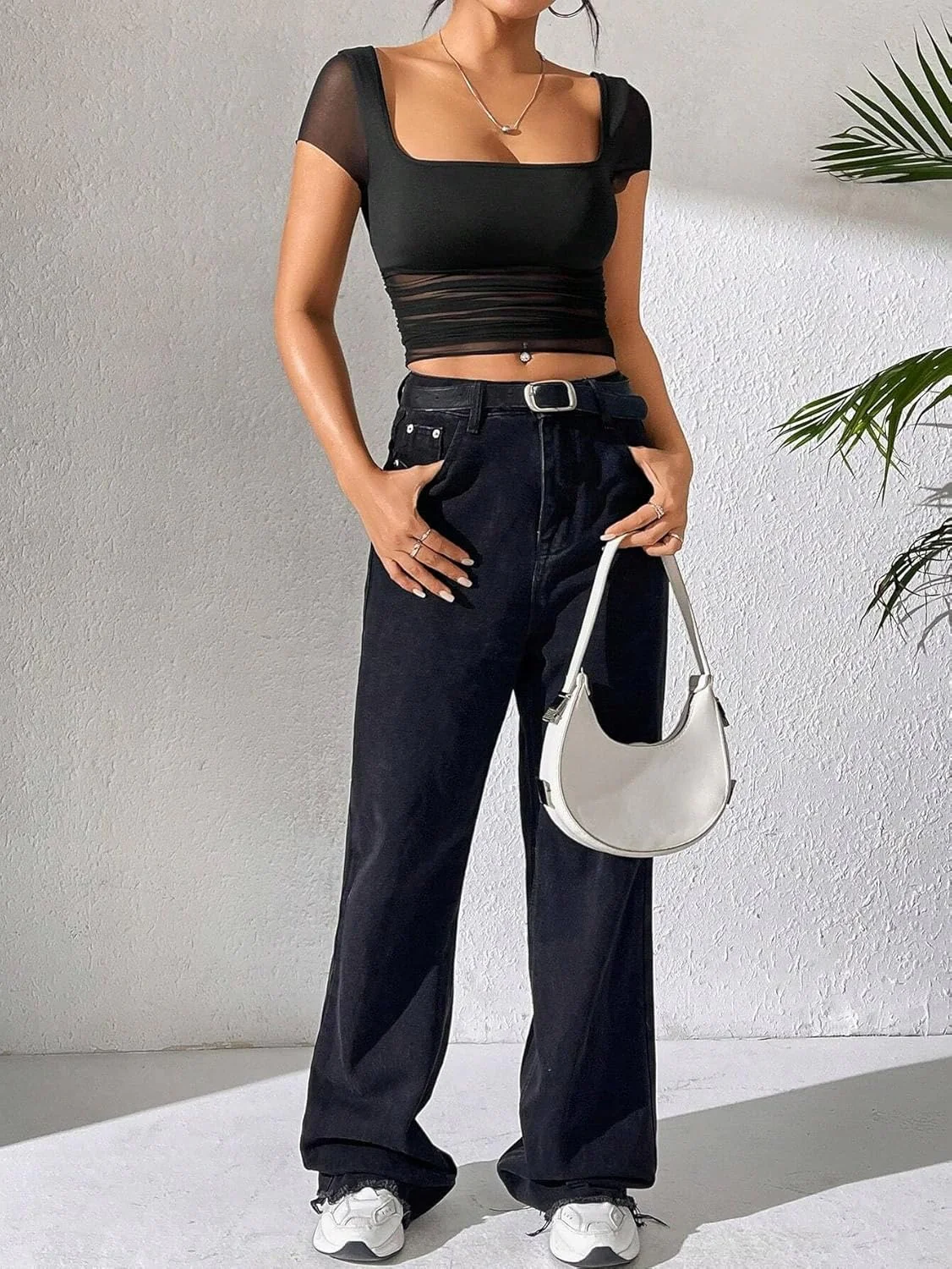 Neted Solid Half Sleeve Crop Top - Image 4
