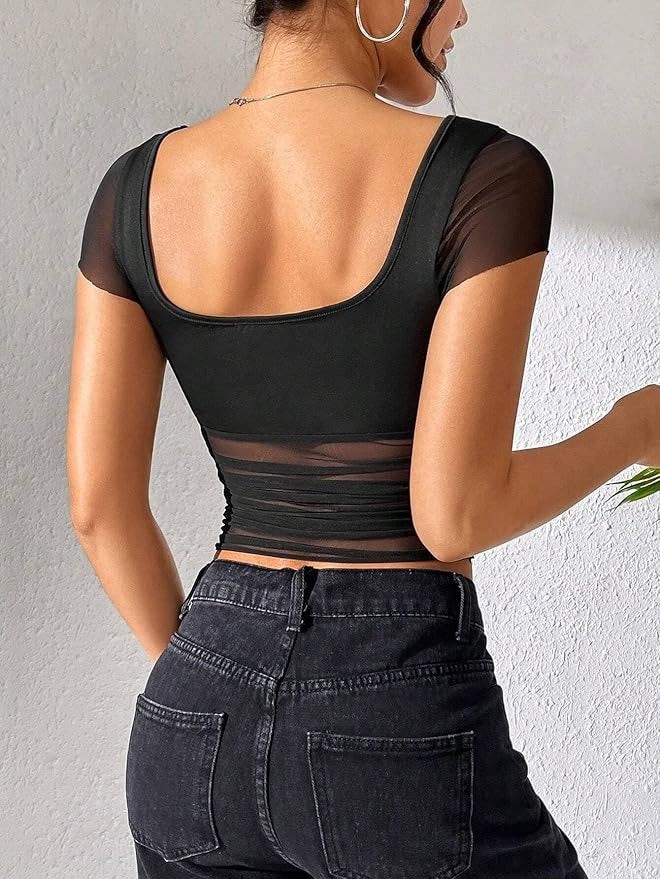 Neted Solid Half Sleeve Crop Top - Image 5