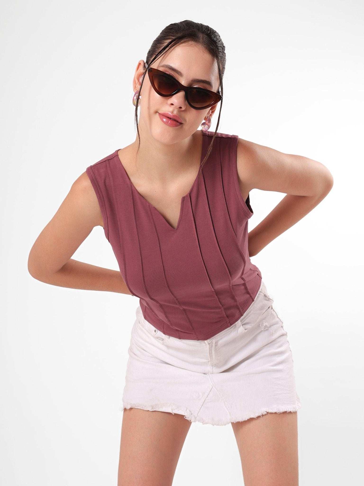 Clobug Pink Self Design Sleeveless Crop Top - Image 5