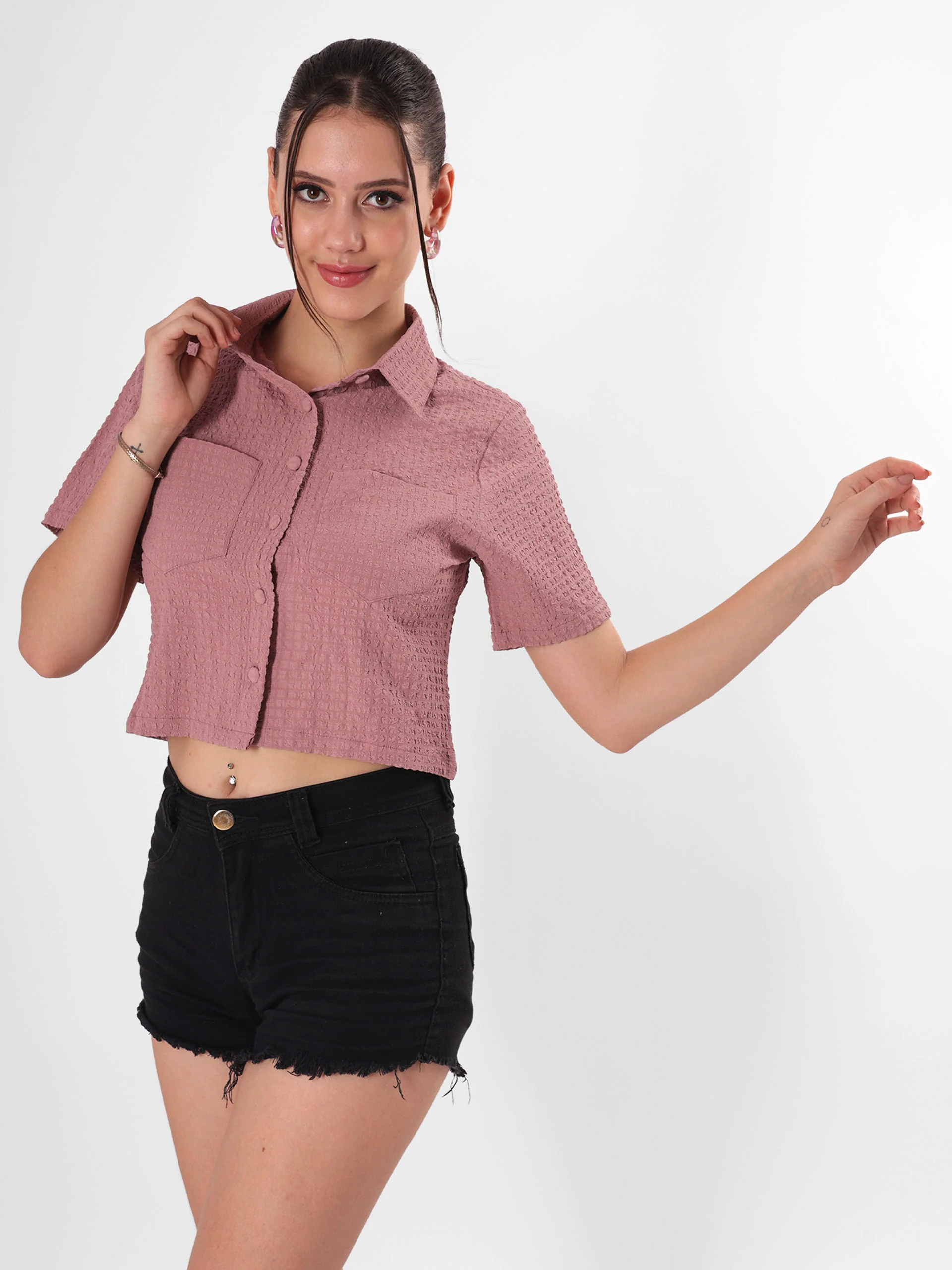 Pink Textured Half Sleeve Crop Shirt - Image 4