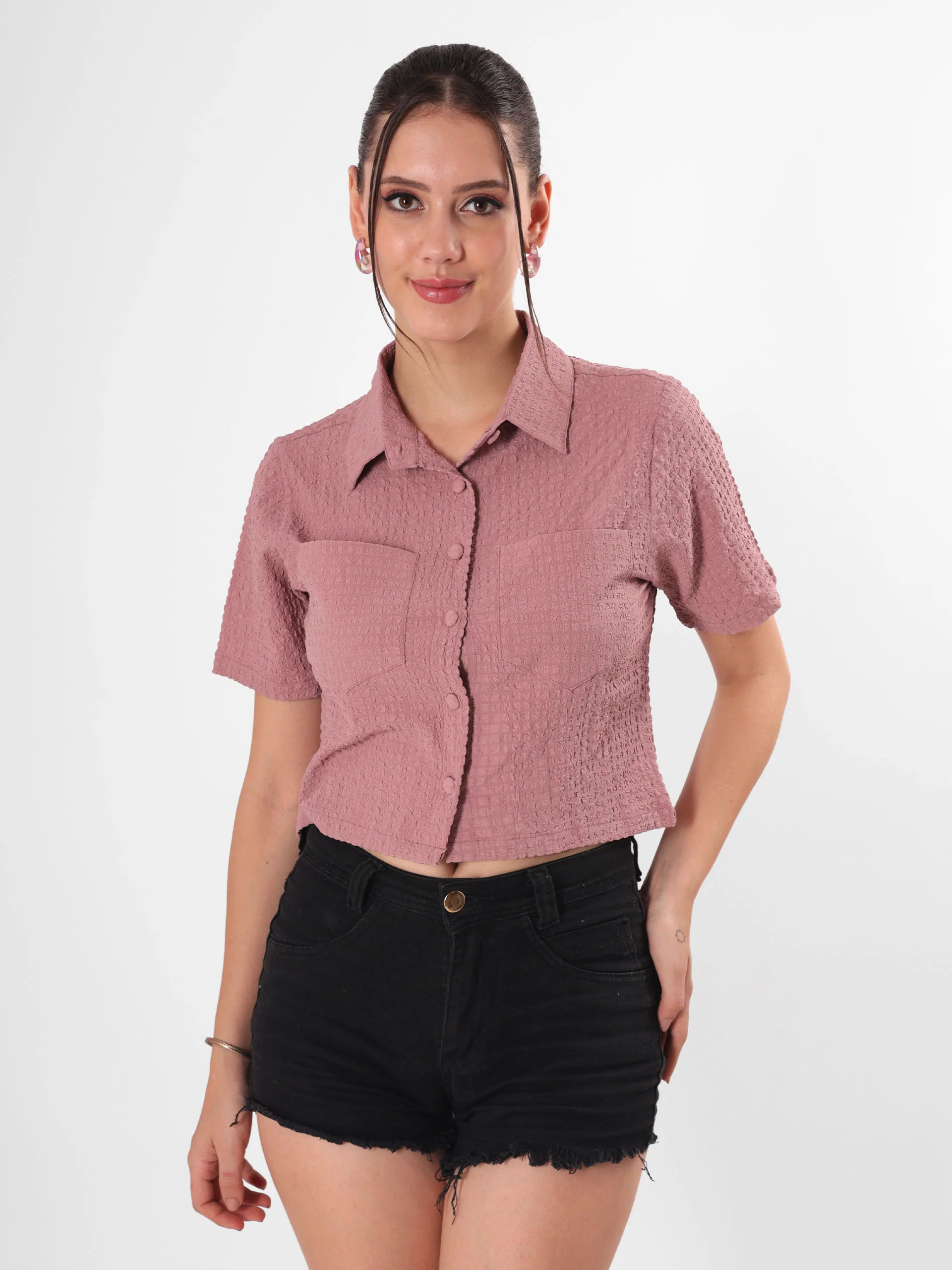 Pink Textured Half Sleeve Crop Shirt - Image 6
