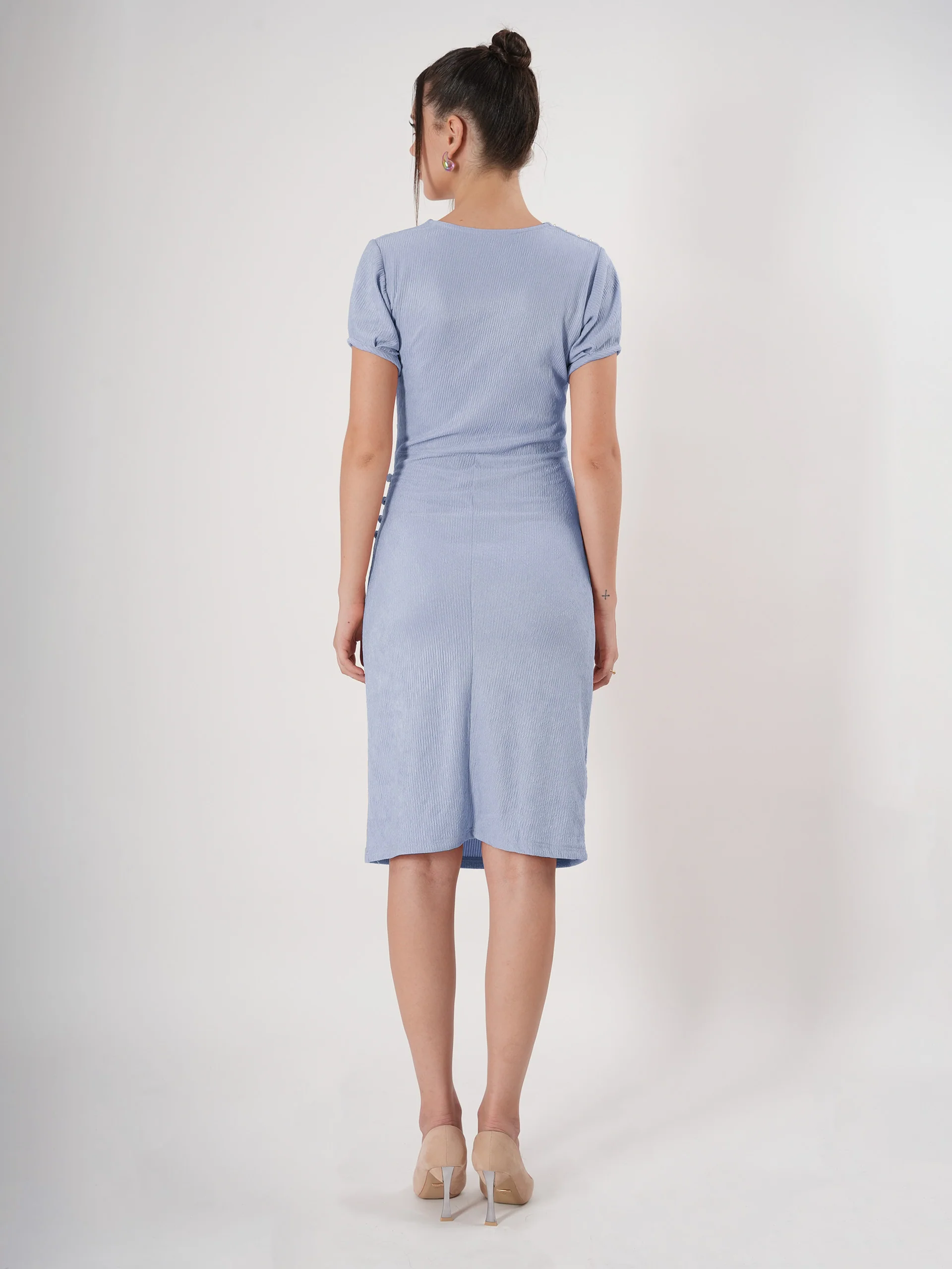 Clobug Puff Sleeve Beige Pleated Midi Dress With Round Neck - Image 12