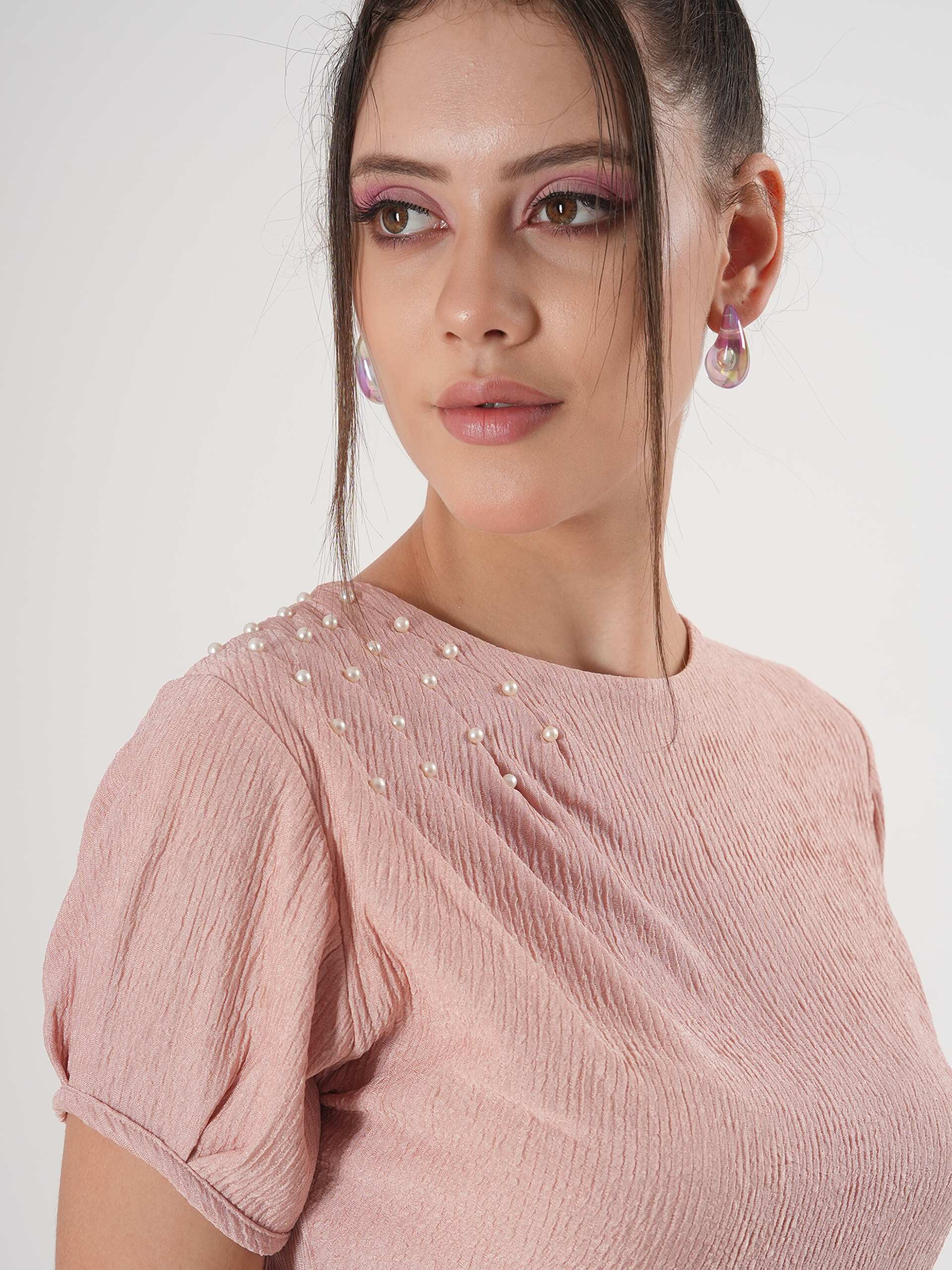 Clobug Puff Sleeve Beige Pleated Midi Dress With Round Neck - Image 7