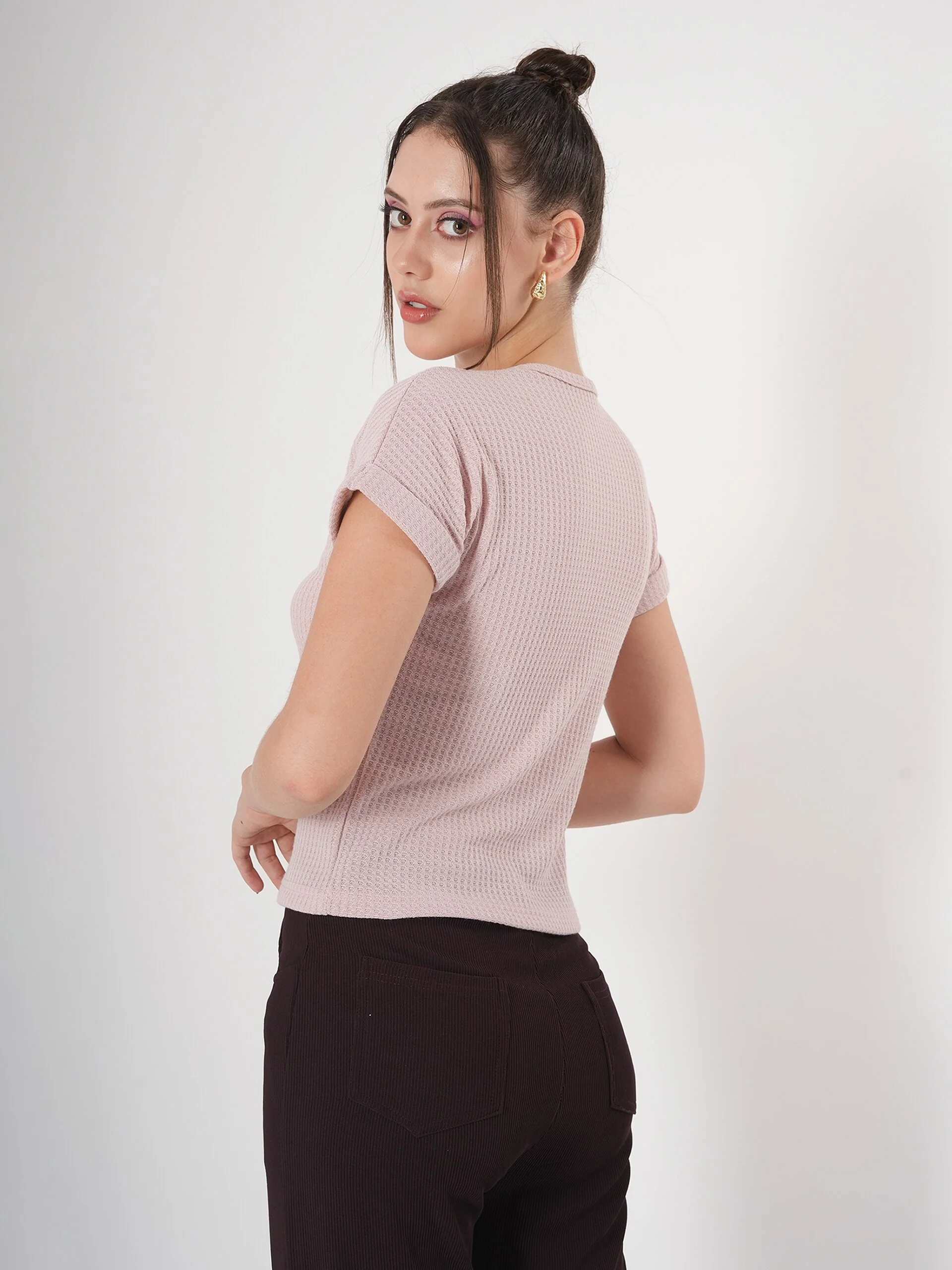 Clobug Self Design Half Sleeve Fitted Semi Crop Top - Image 10