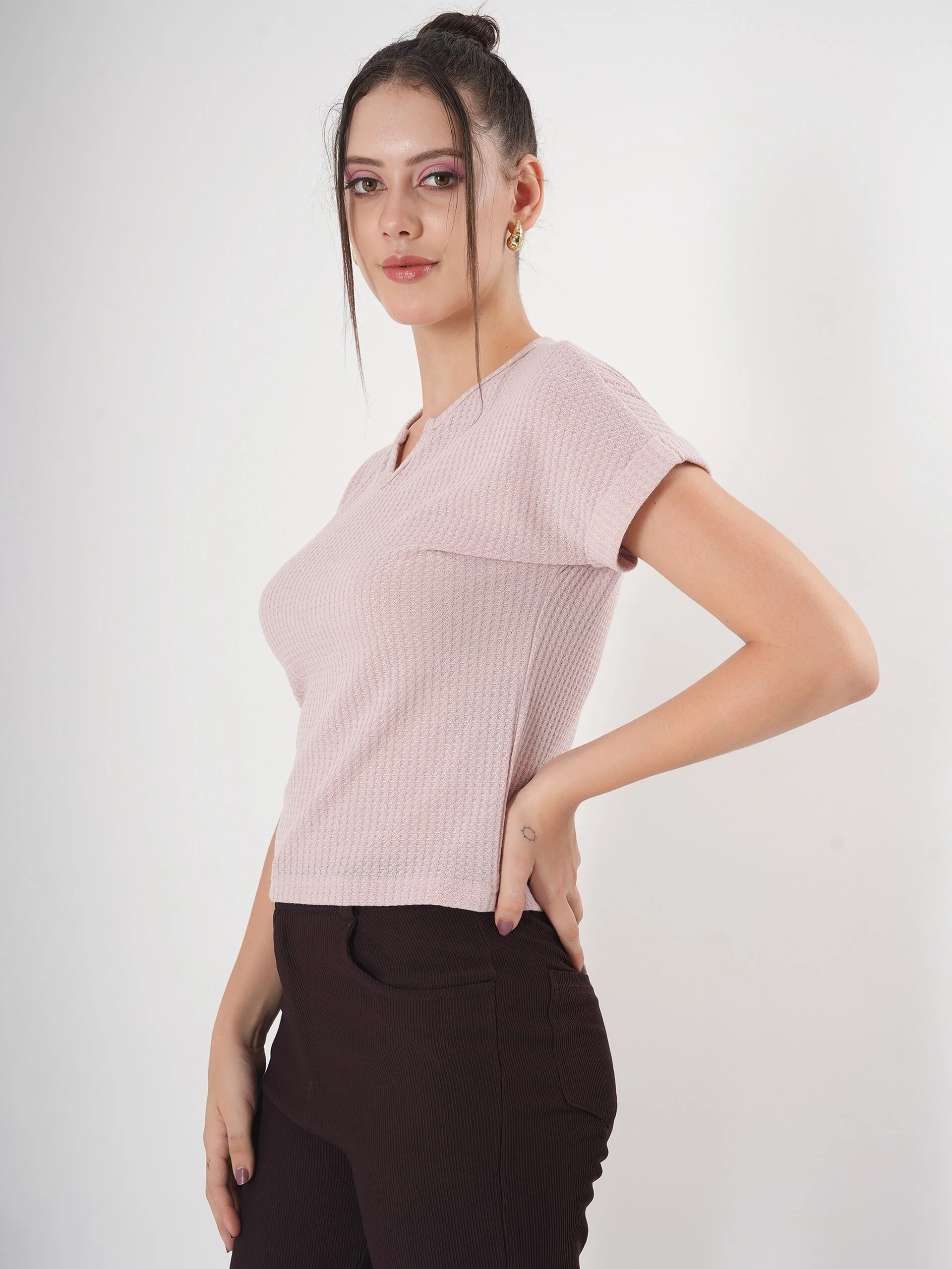 Clobug Self Design Half Sleeve Fitted Semi Crop Top - Image 3