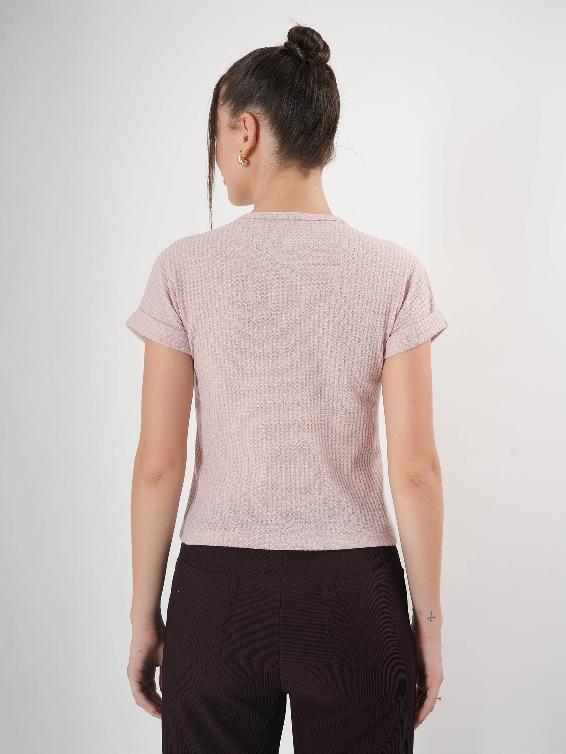 Clobug Self Design Half Sleeve Fitted Semi Crop Top - Image 4