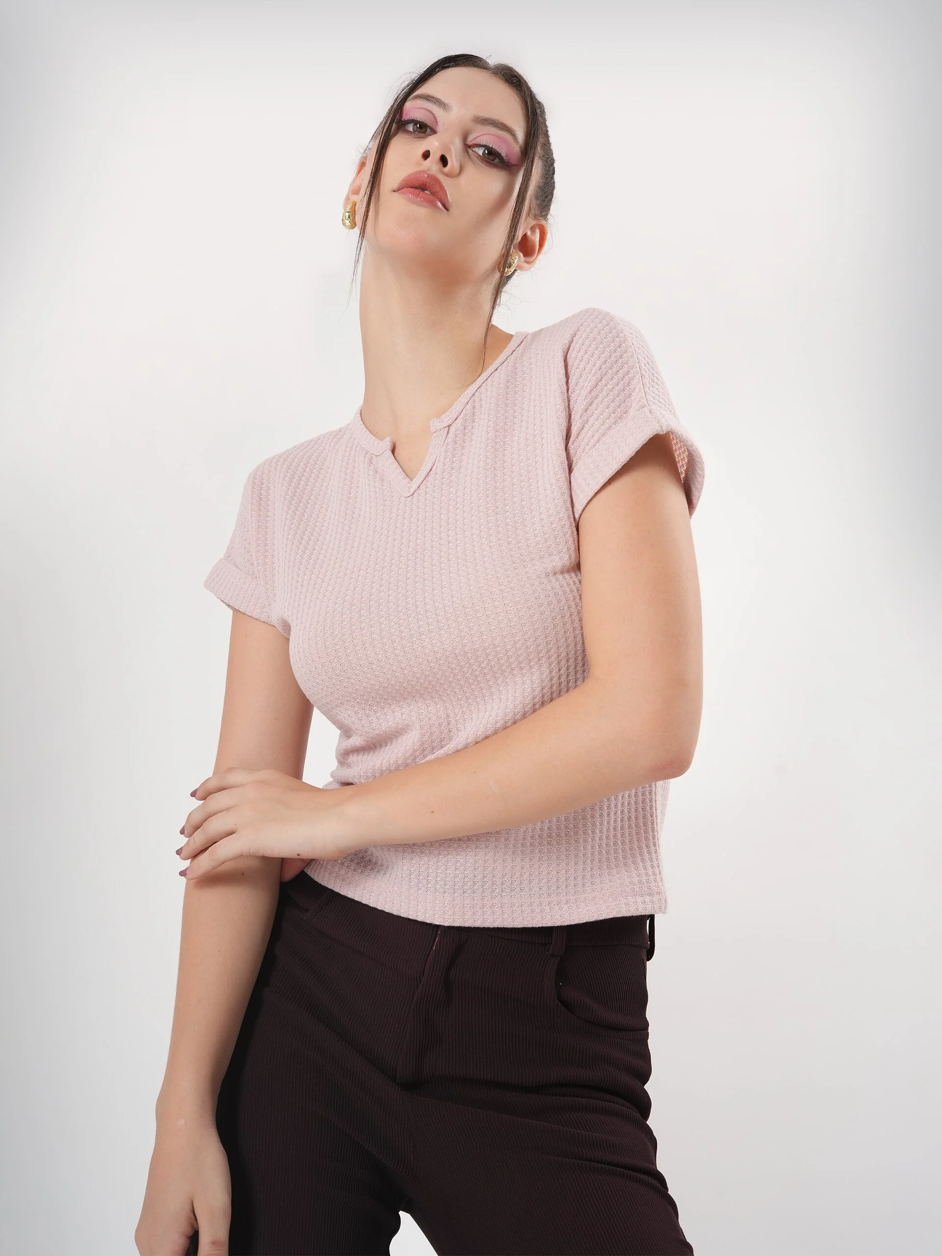 Clobug Self Design Half Sleeve Fitted Semi Crop Top - Image 5