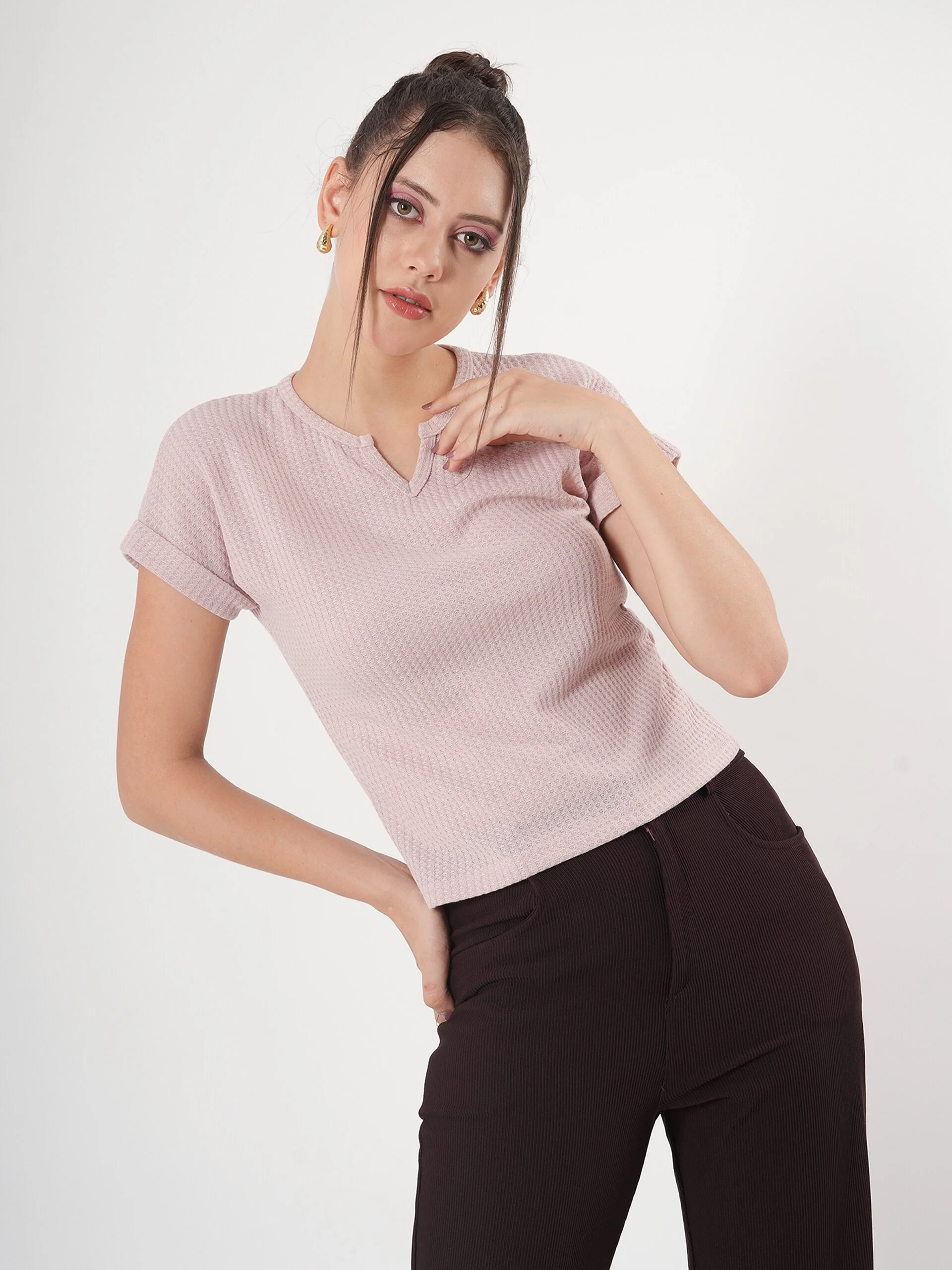 Clobug Self Design Half Sleeve Fitted Semi Crop Top - Image 6