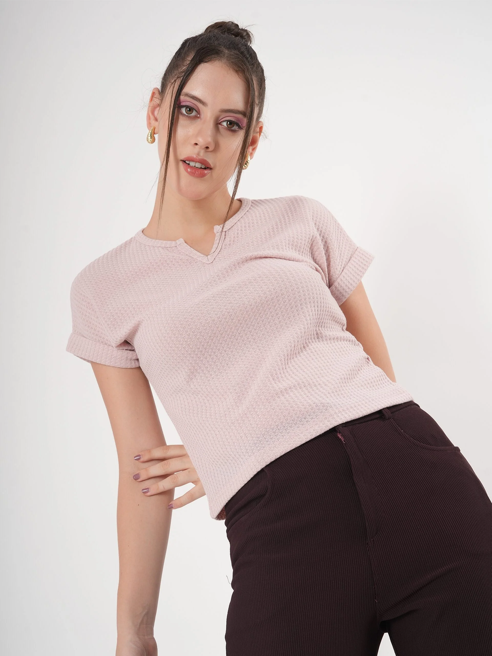 Clobug Self Design Half Sleeve Fitted Semi Crop Top - Image 7