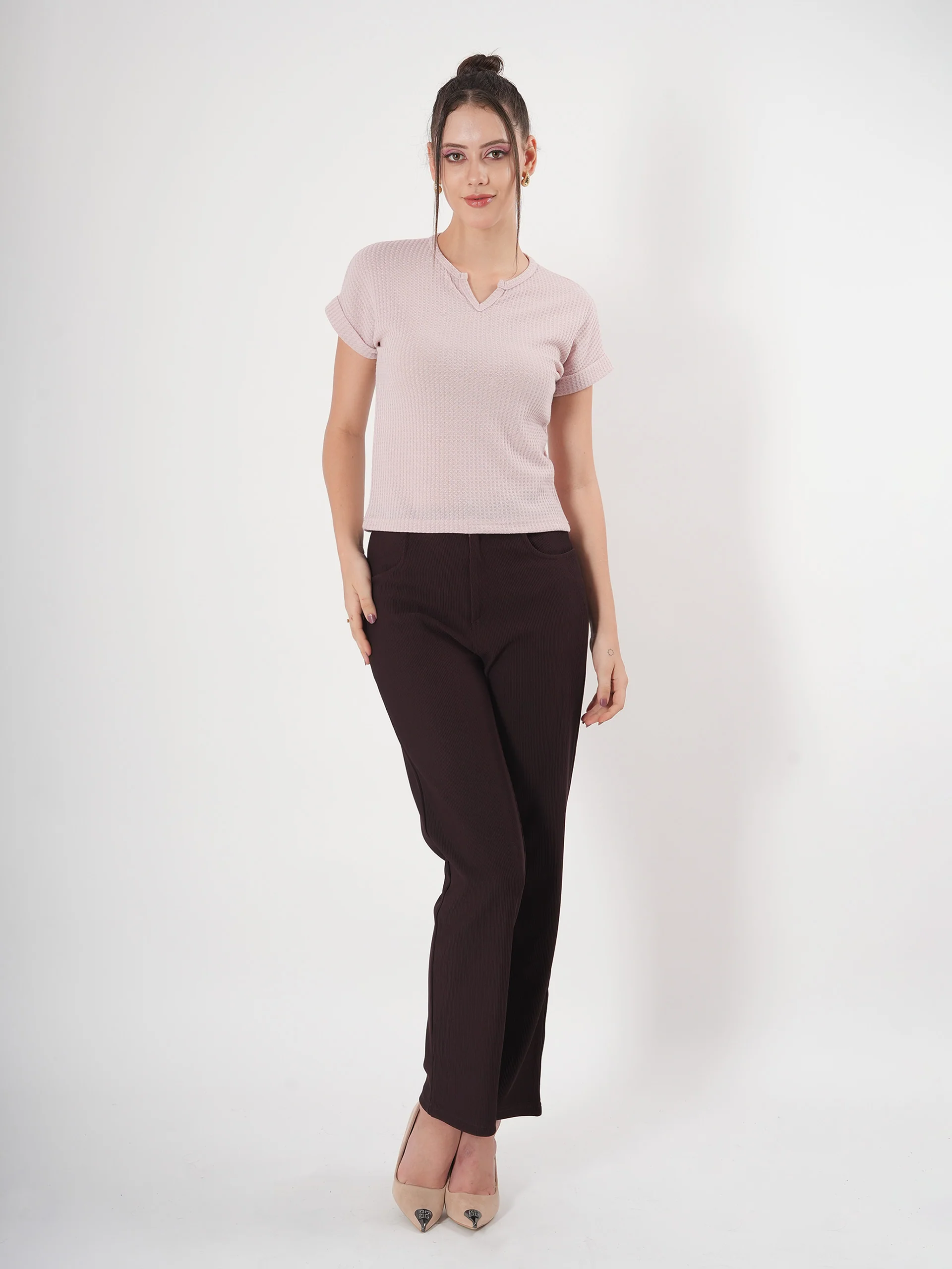 Clobug Self Design Half Sleeve Fitted Semi Crop Top - Image 8