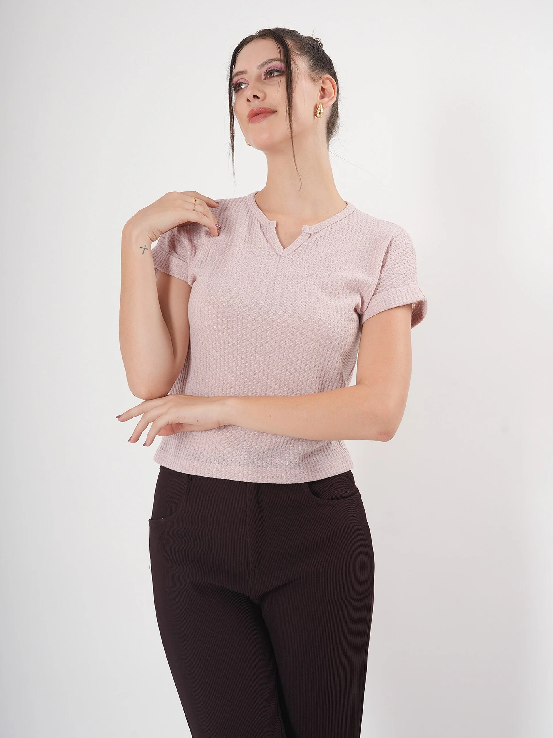 Clobug Self Design Half Sleeve Fitted Semi Crop Top - Image 9