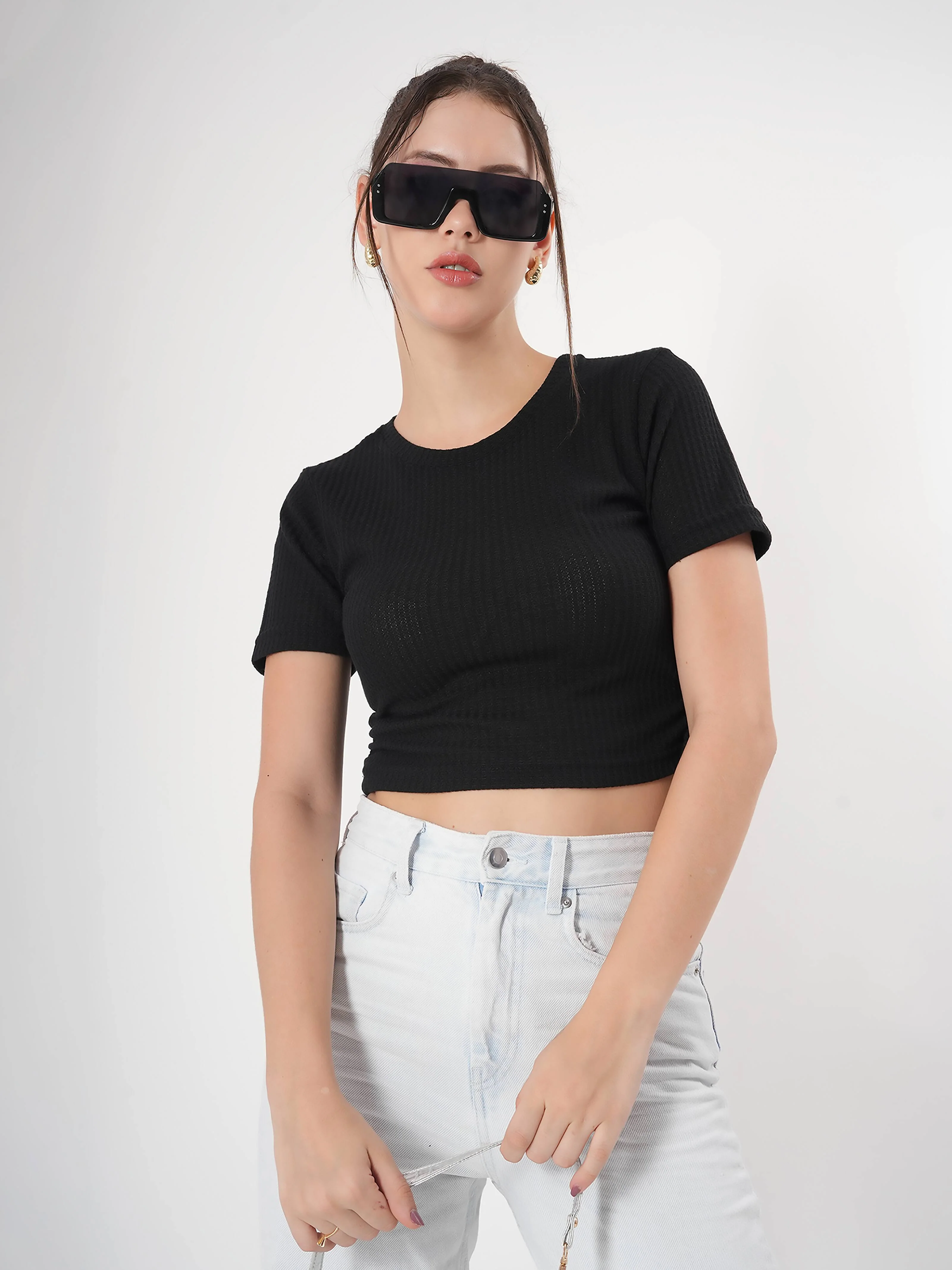 Clobug Self Design Round Neck Half Sleeve Fitted Crop Top - Image 10