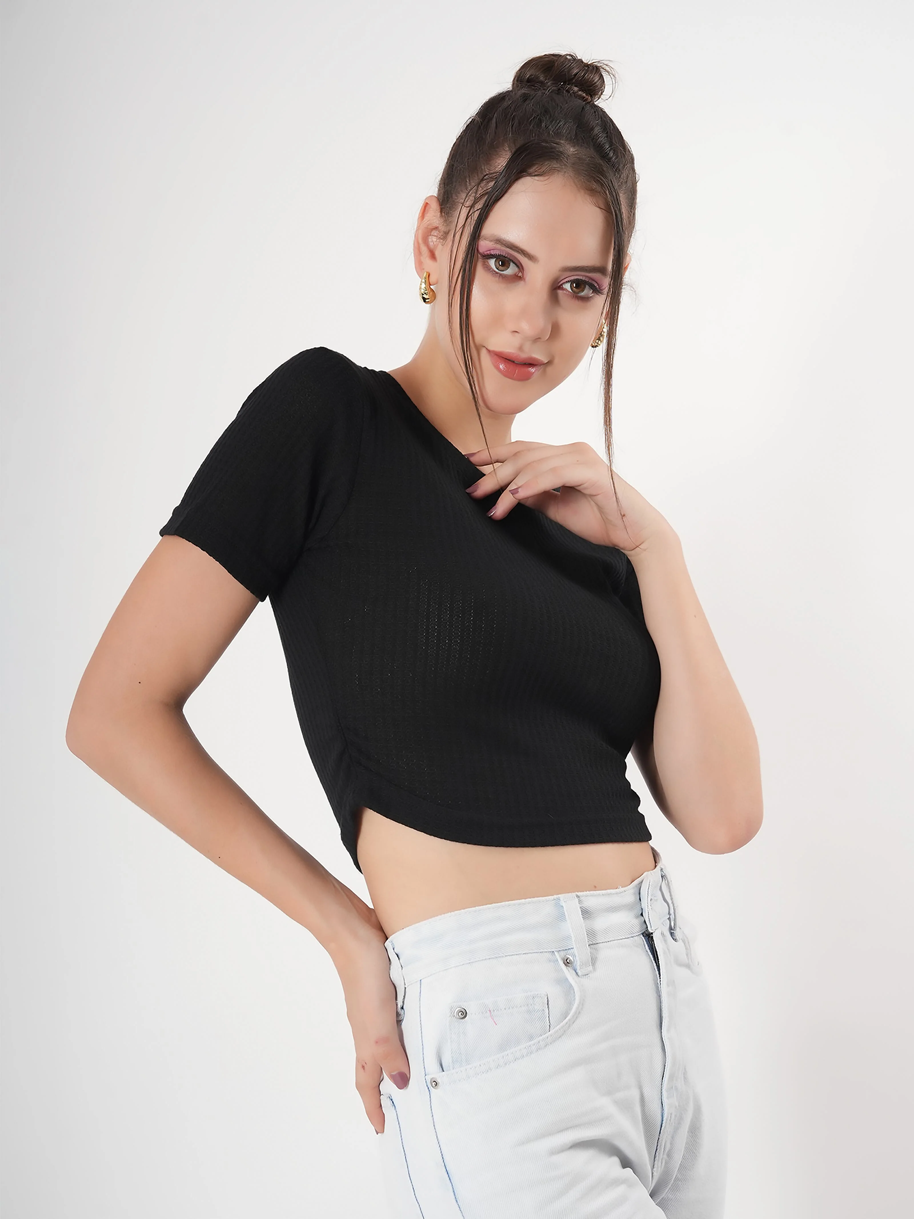 Clobug Self Design Round Neck Half Sleeve Fitted Crop Top - Image 12