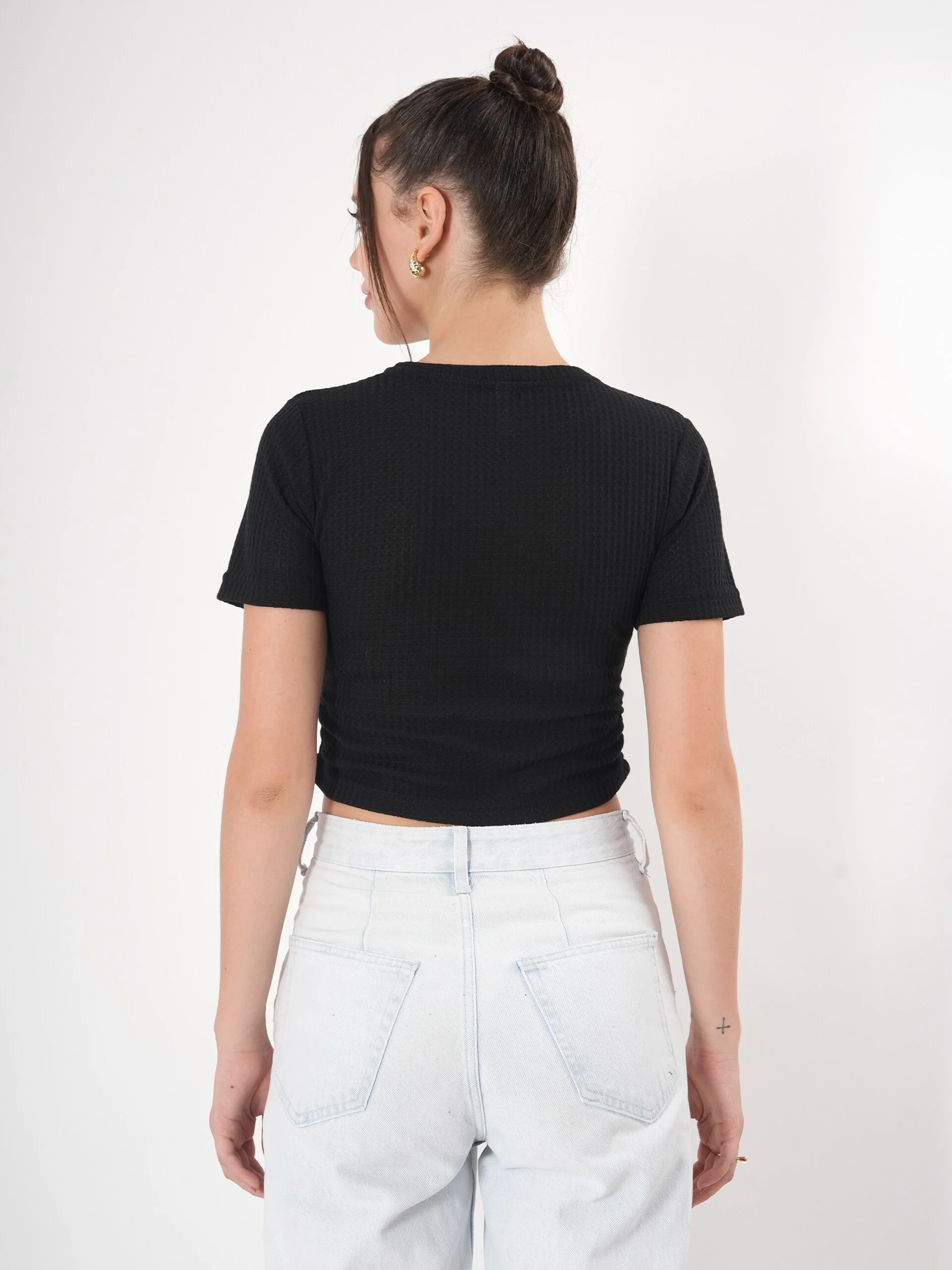 Clobug Self Design Round Neck Half Sleeve Fitted Crop Top - Image 13