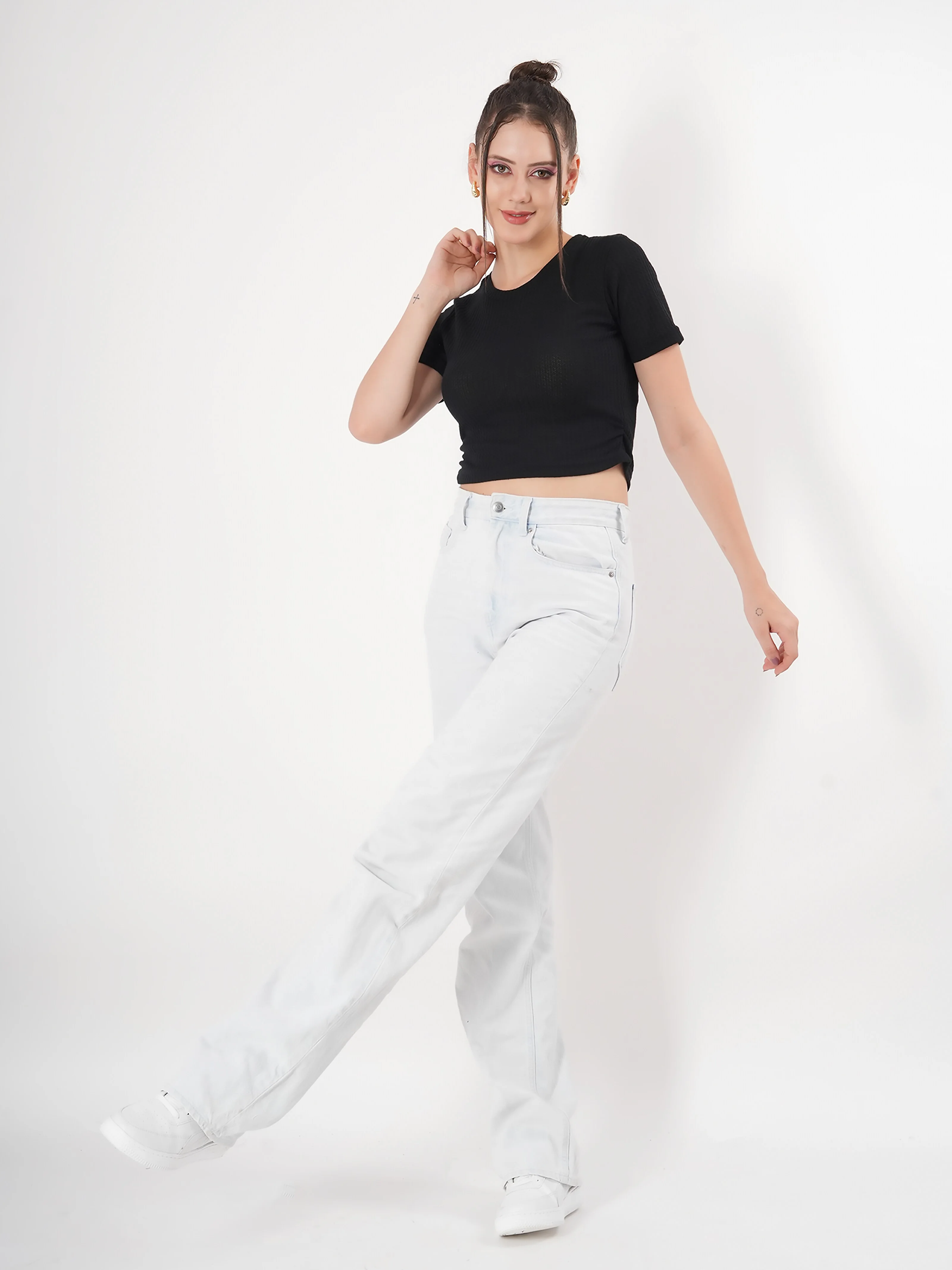 Clobug Self Design Round Neck Half Sleeve Fitted Crop Top - Image 14