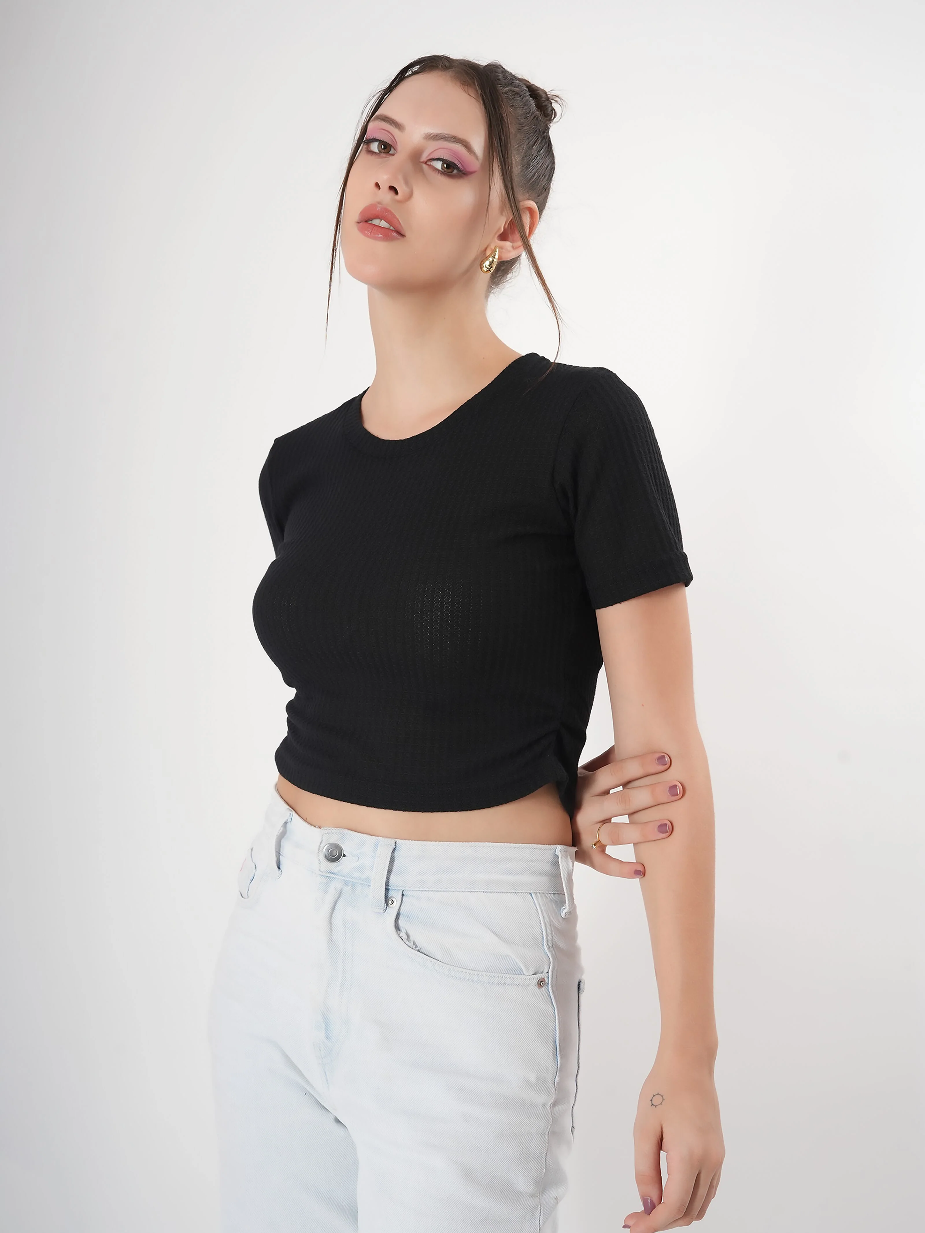 Clobug Self Design Round Neck Half Sleeve Fitted Crop Top - Image 15