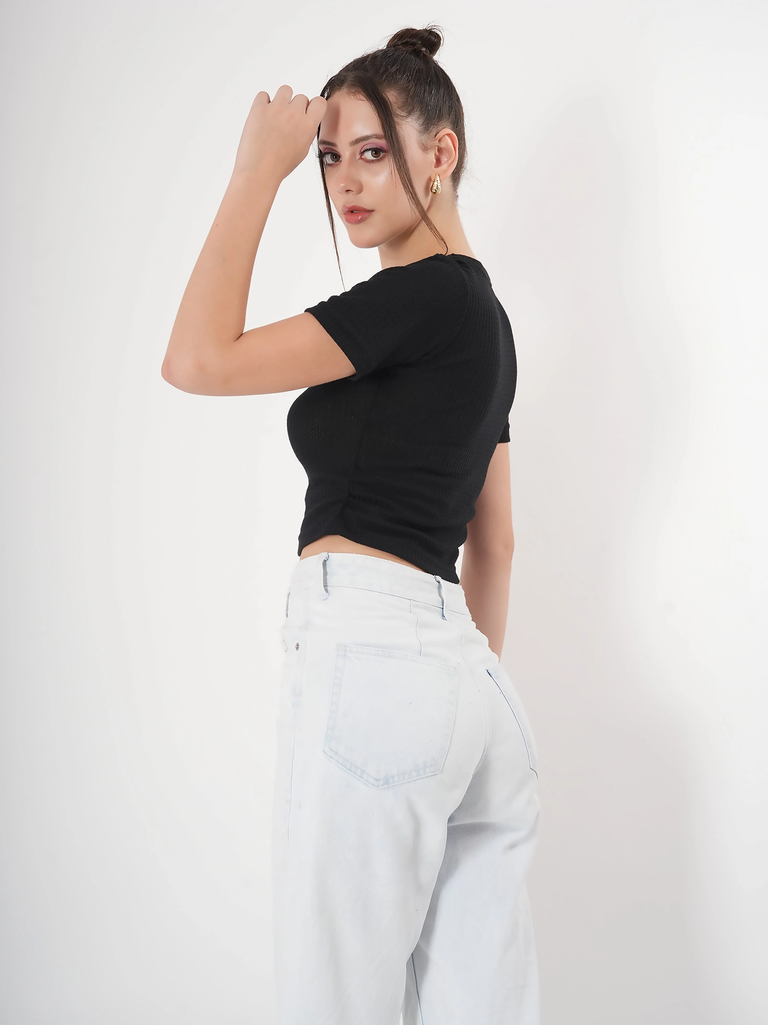 Clobug Self Design Round Neck Half Sleeve Fitted Crop Top - Image 16