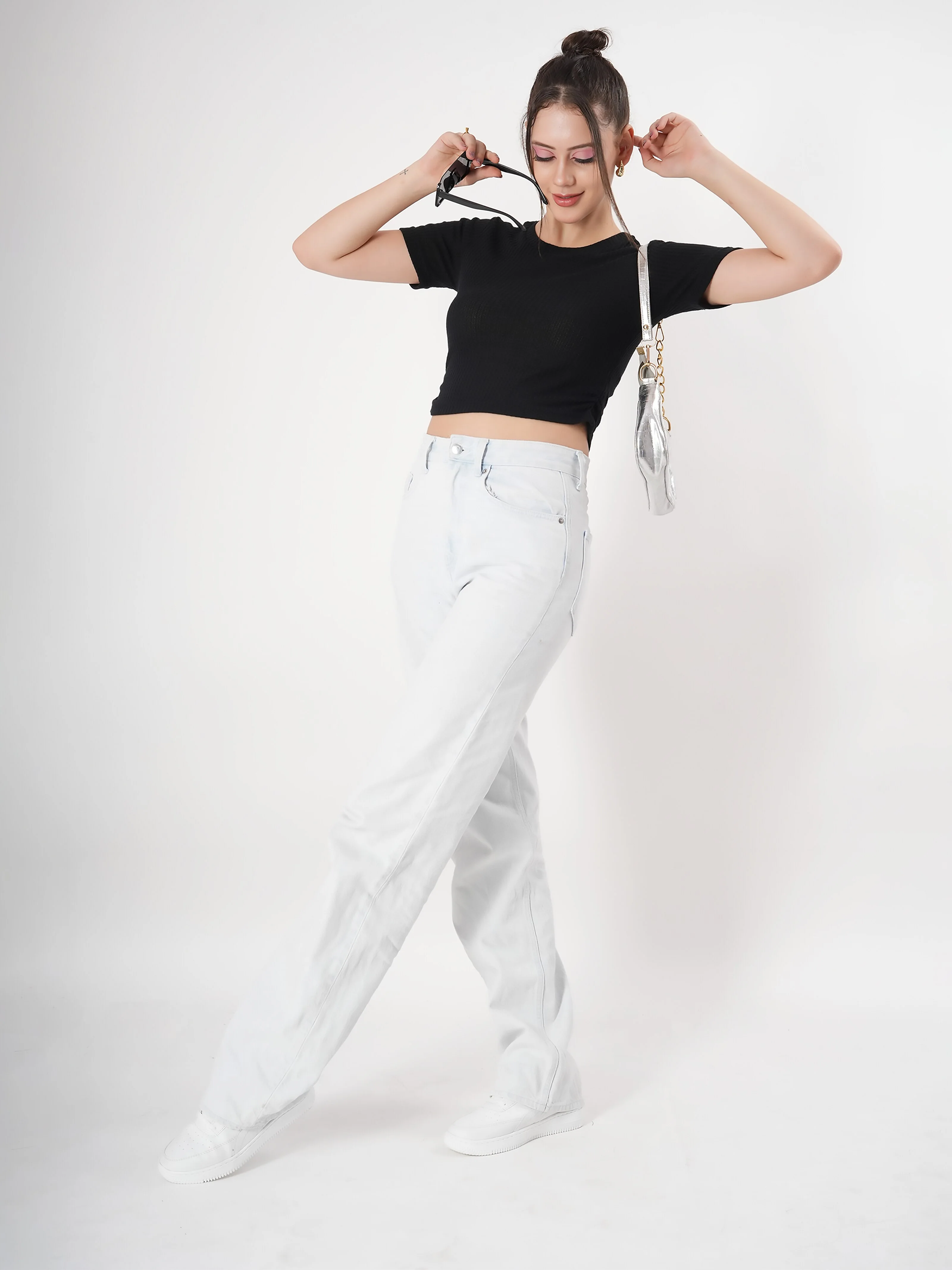 Clobug Self Design Round Neck Half Sleeve Fitted Crop Top - Image 18