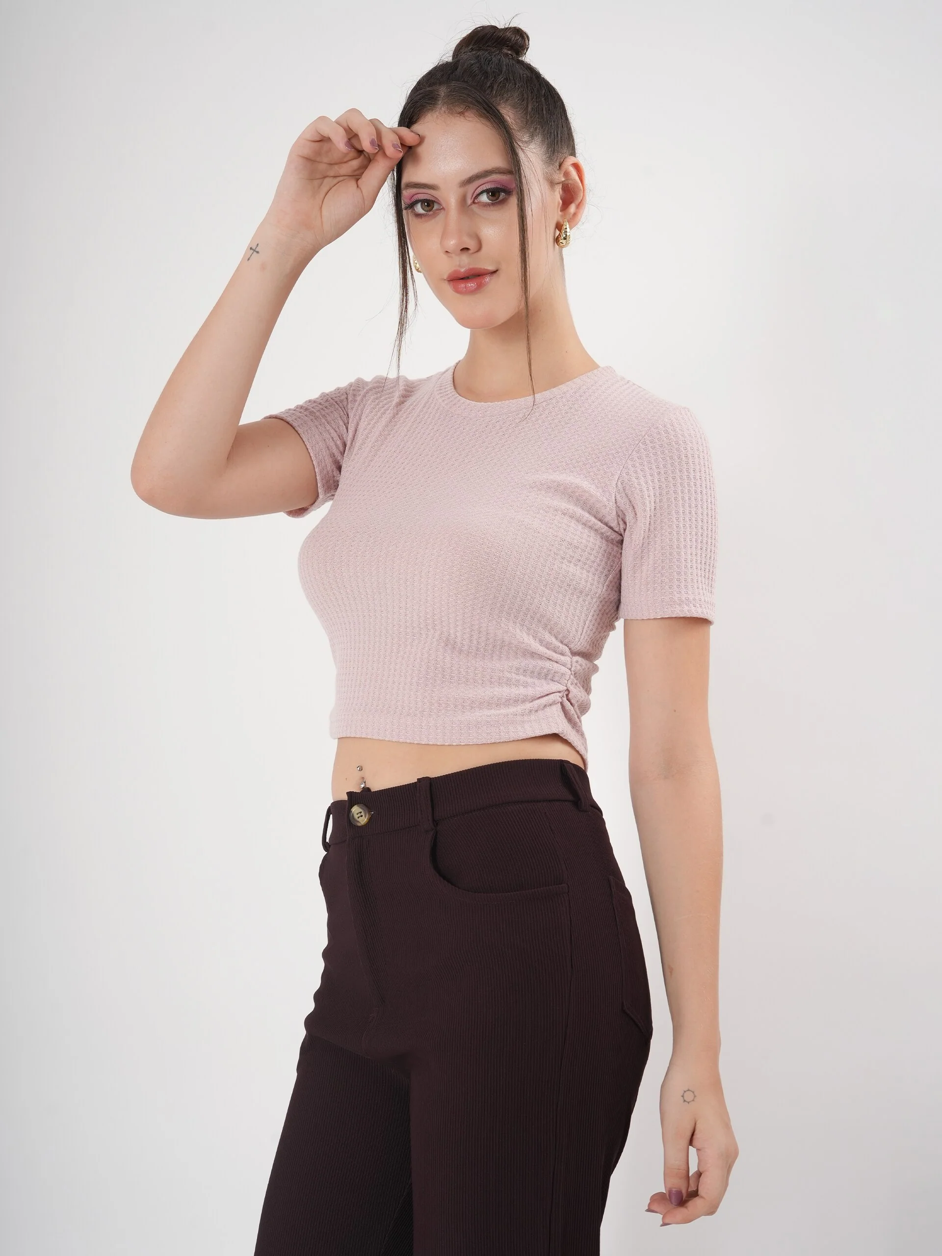 Clobug Self Design Round Neck Half Sleeve Fitted Crop Top - Image 19