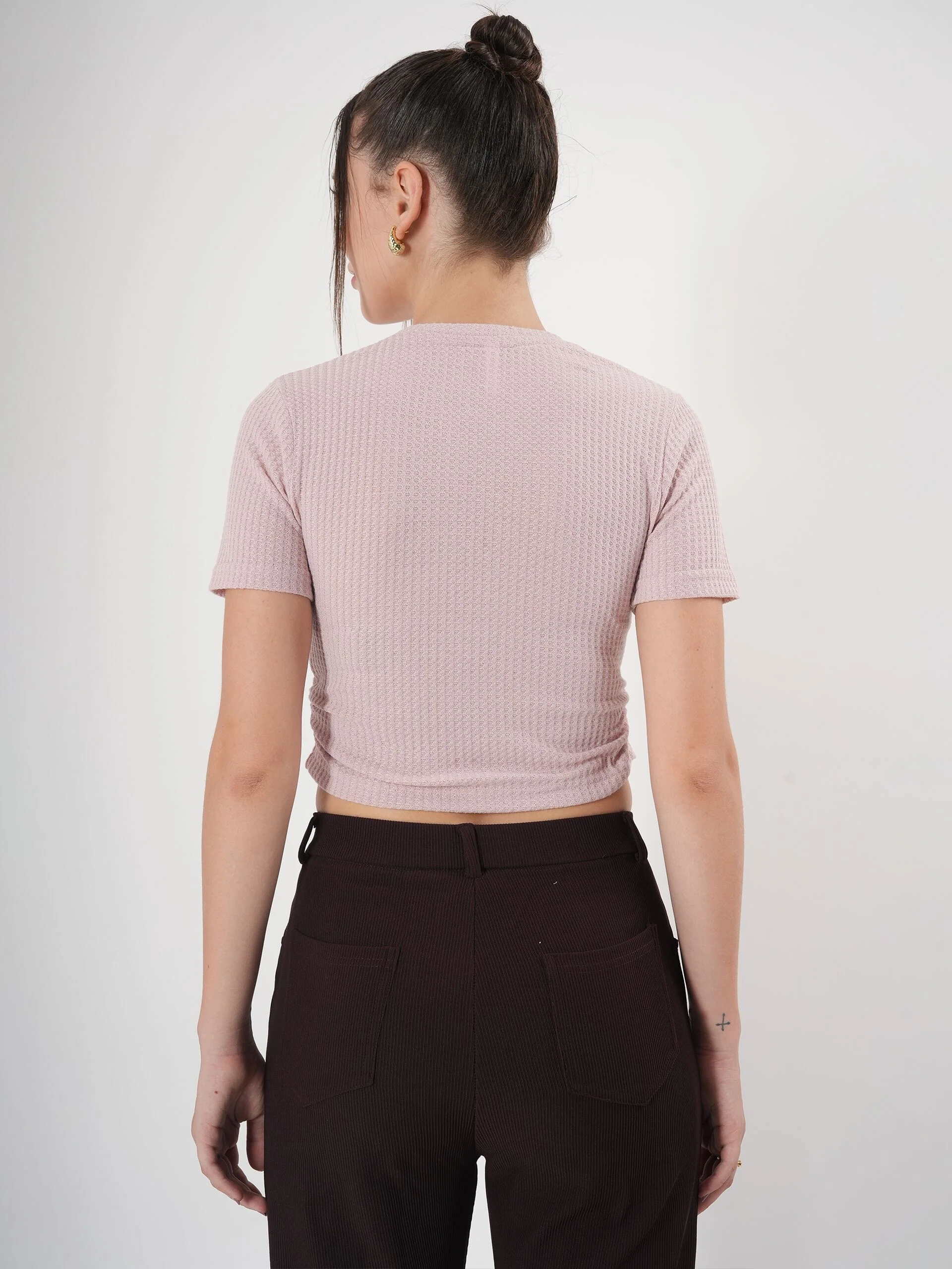 Clobug Self Design Round Neck Half Sleeve Fitted Crop Top - Image 22