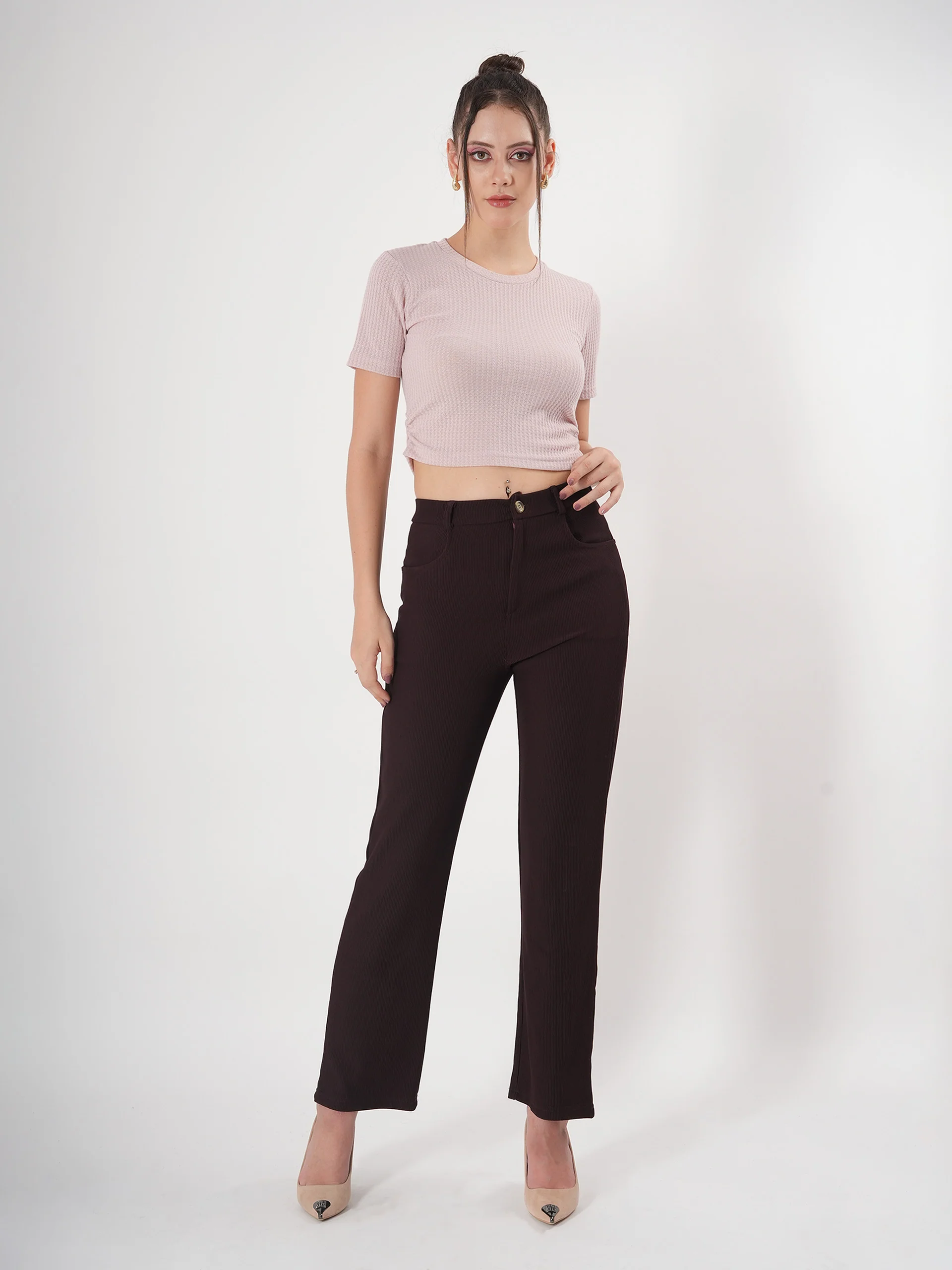 Clobug Self Design Round Neck Half Sleeve Fitted Crop Top - Image 23