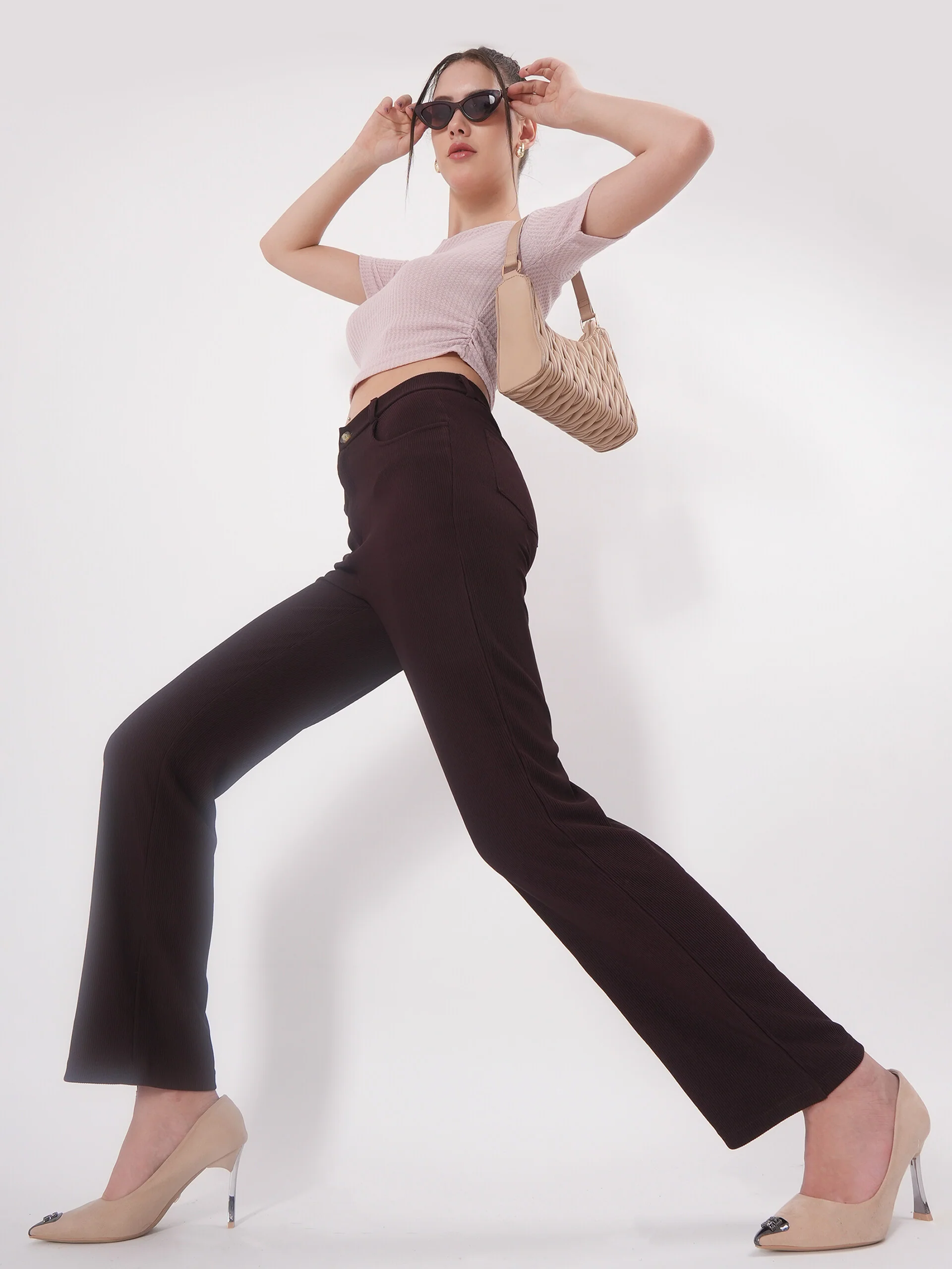 Clobug Self Design Round Neck Half Sleeve Fitted Crop Top - Image 26