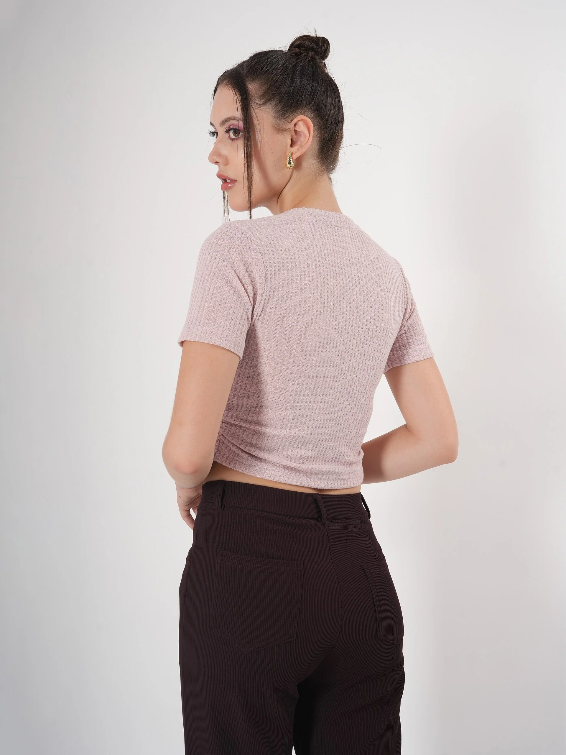 Clobug Self Design Round Neck Half Sleeve Fitted Crop Top - Image 28