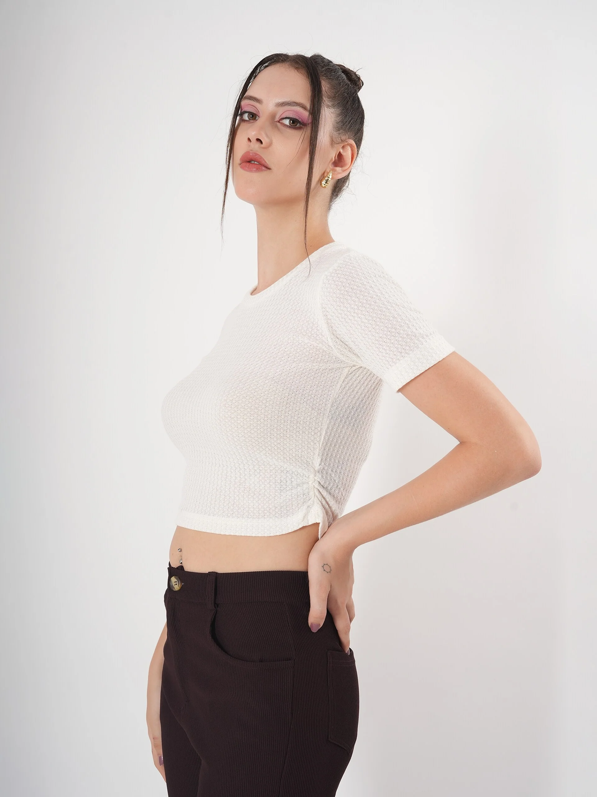 Clobug Self Design Round Neck Half Sleeve Fitted Crop Top - Image 6
