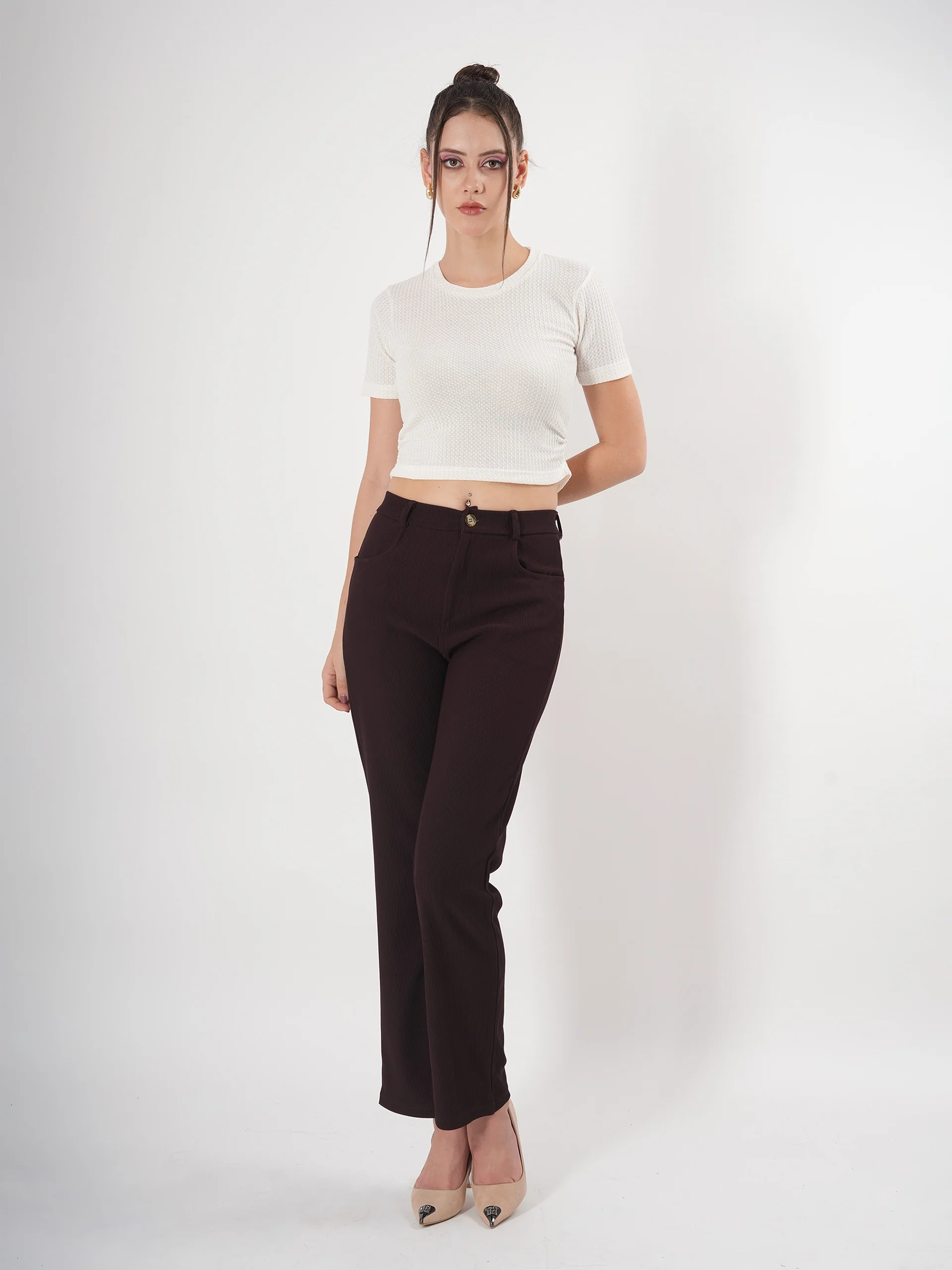 Clobug Self Design Round Neck Half Sleeve Fitted Crop Top - Image 8