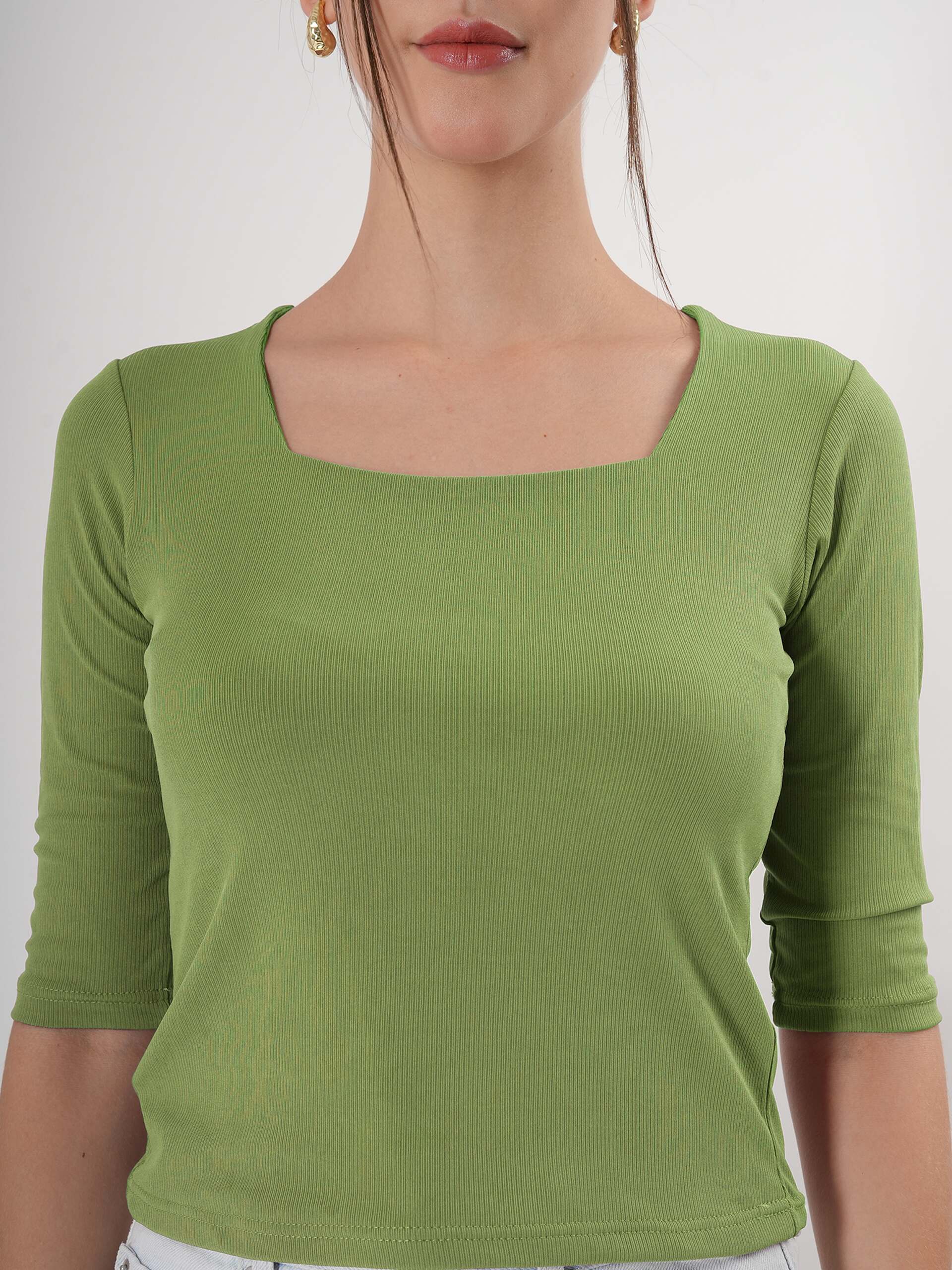 Solid 3/4 Sleeve Fitted Semi Crop Top - Image 10