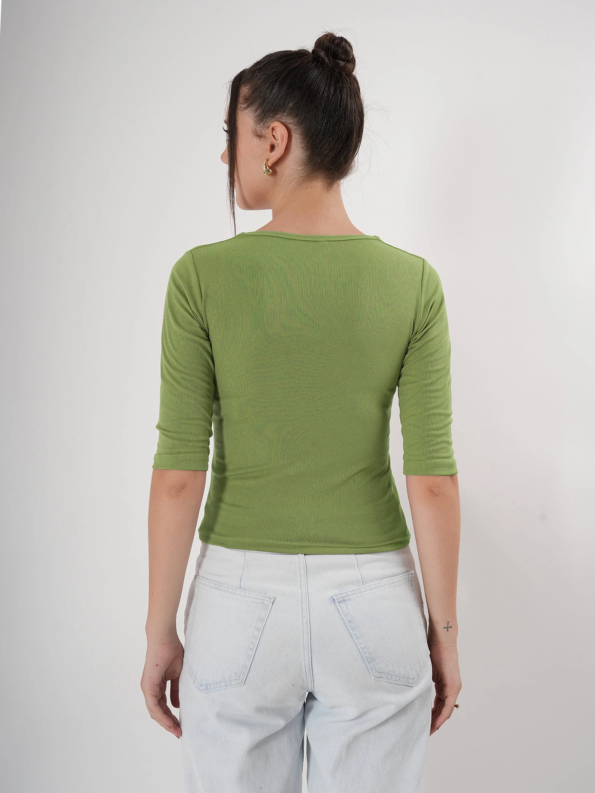 Solid 3/4 Sleeve Fitted Semi Crop Top - Image 11