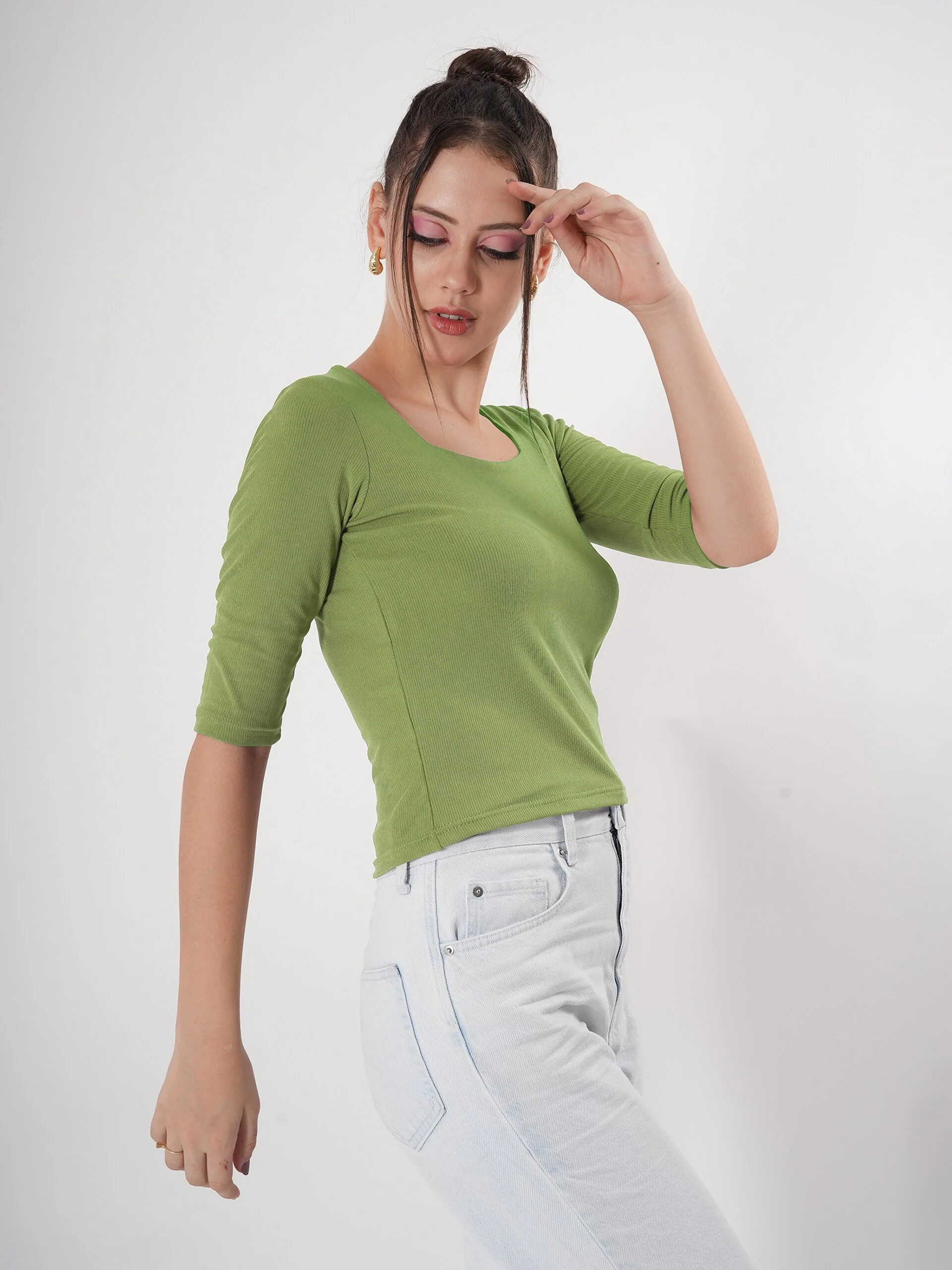 Solid 3/4 Sleeve Fitted Semi Crop Top - Image 12