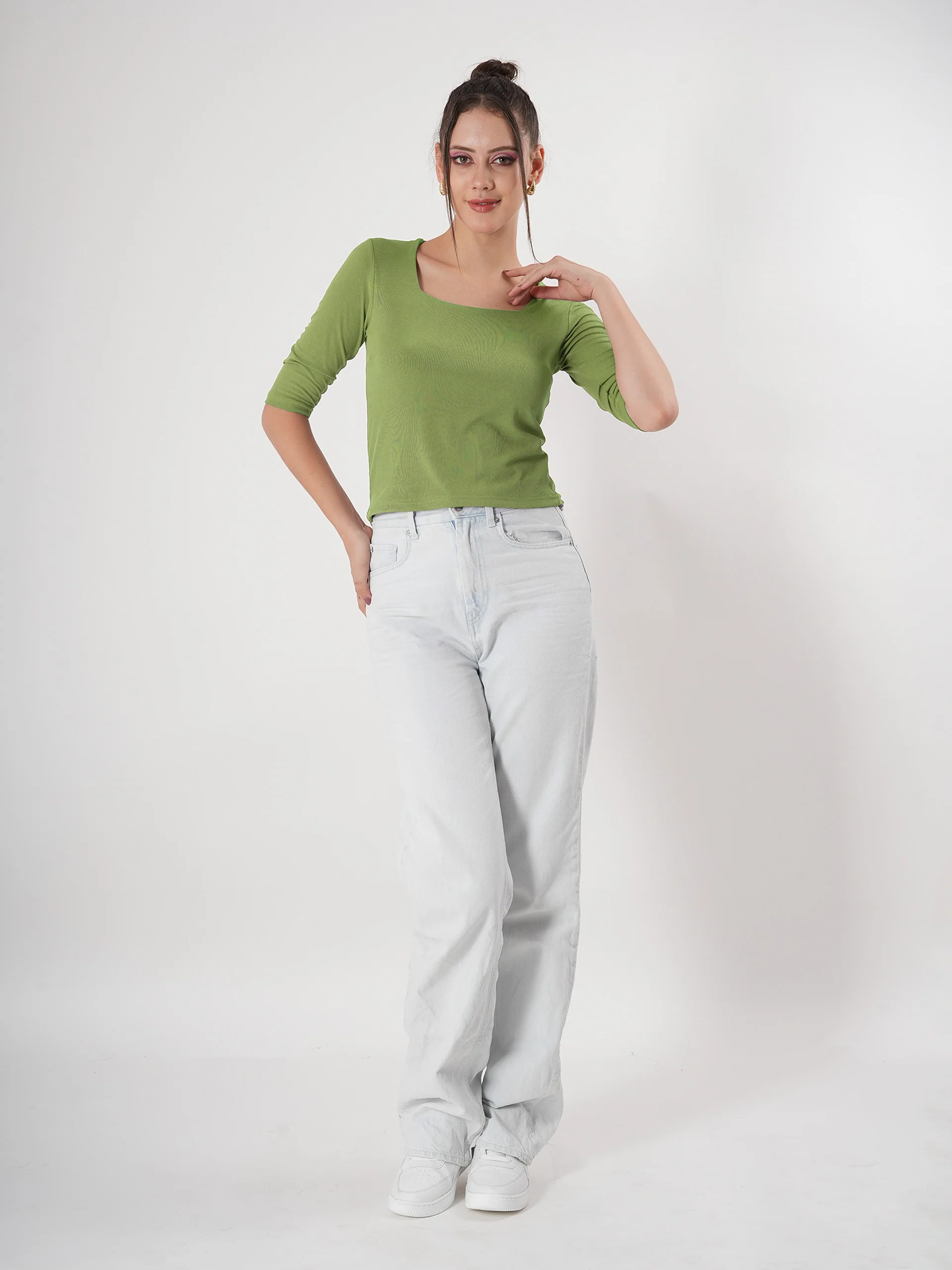 Solid 3/4 Sleeve Fitted Semi Crop Top - Image 13