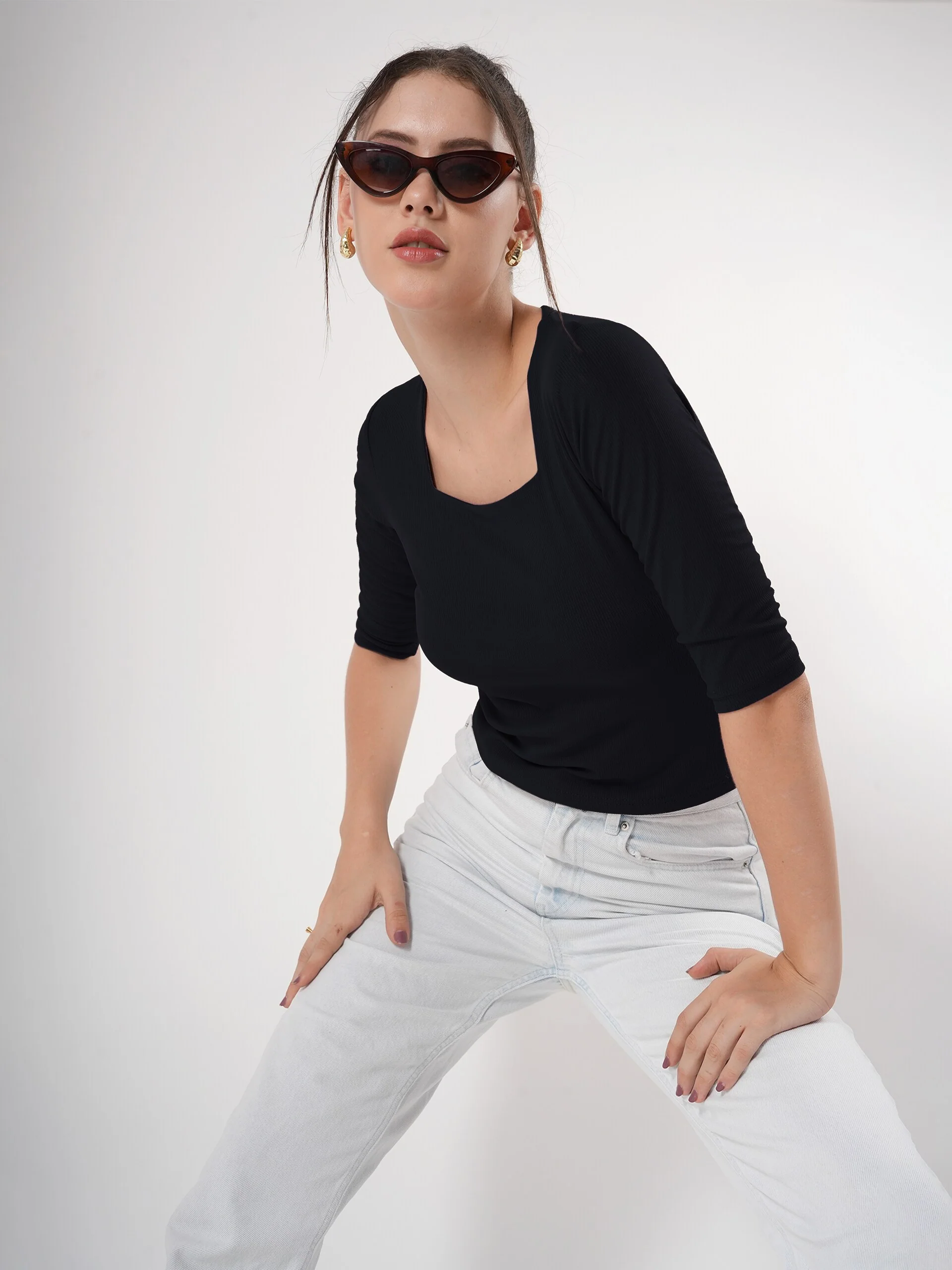 Solid 3/4 Sleeve Fitted Semi Crop Top - Image 14