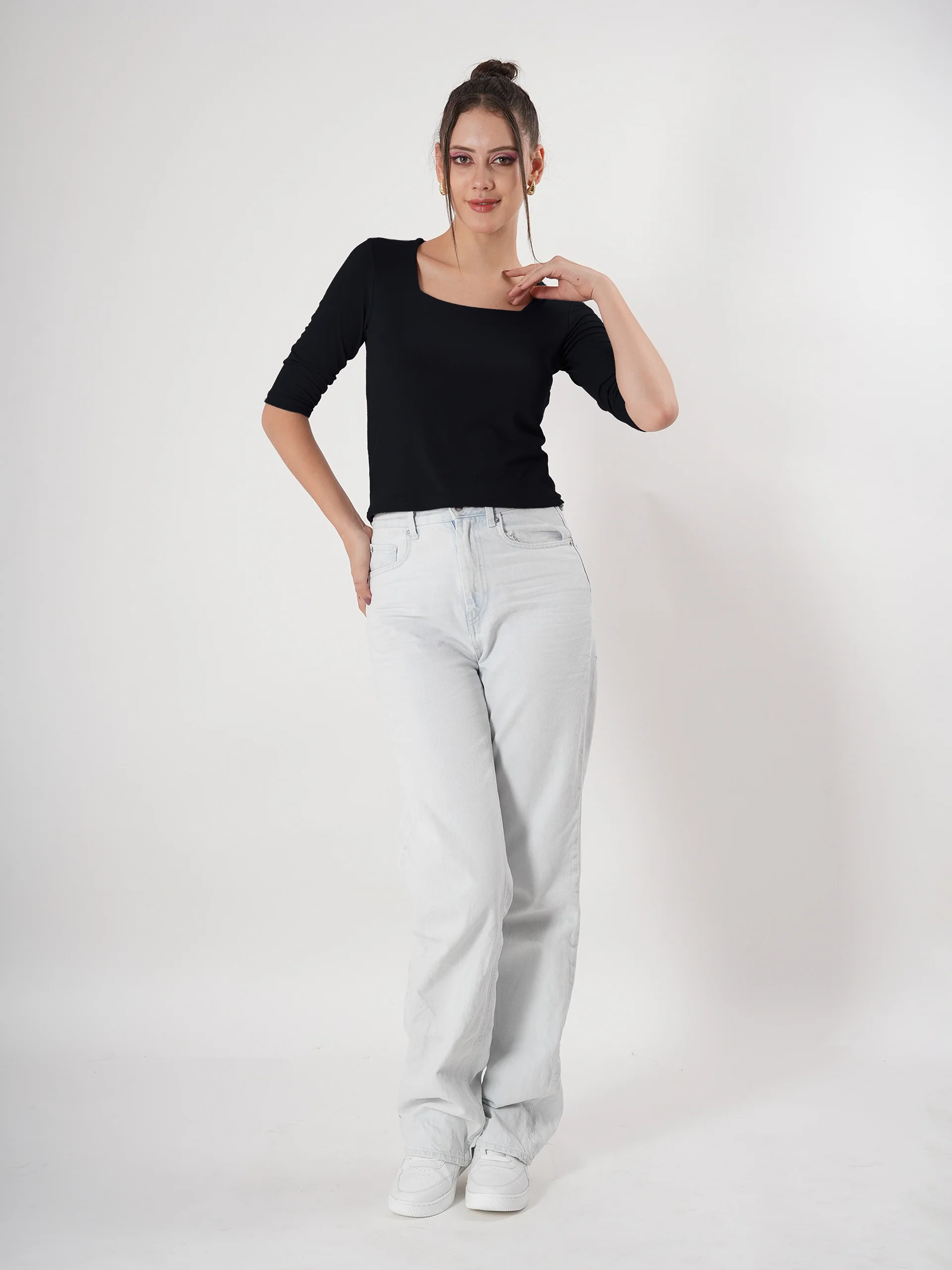 Solid 3/4 Sleeve Fitted Semi Crop Top - Image 15