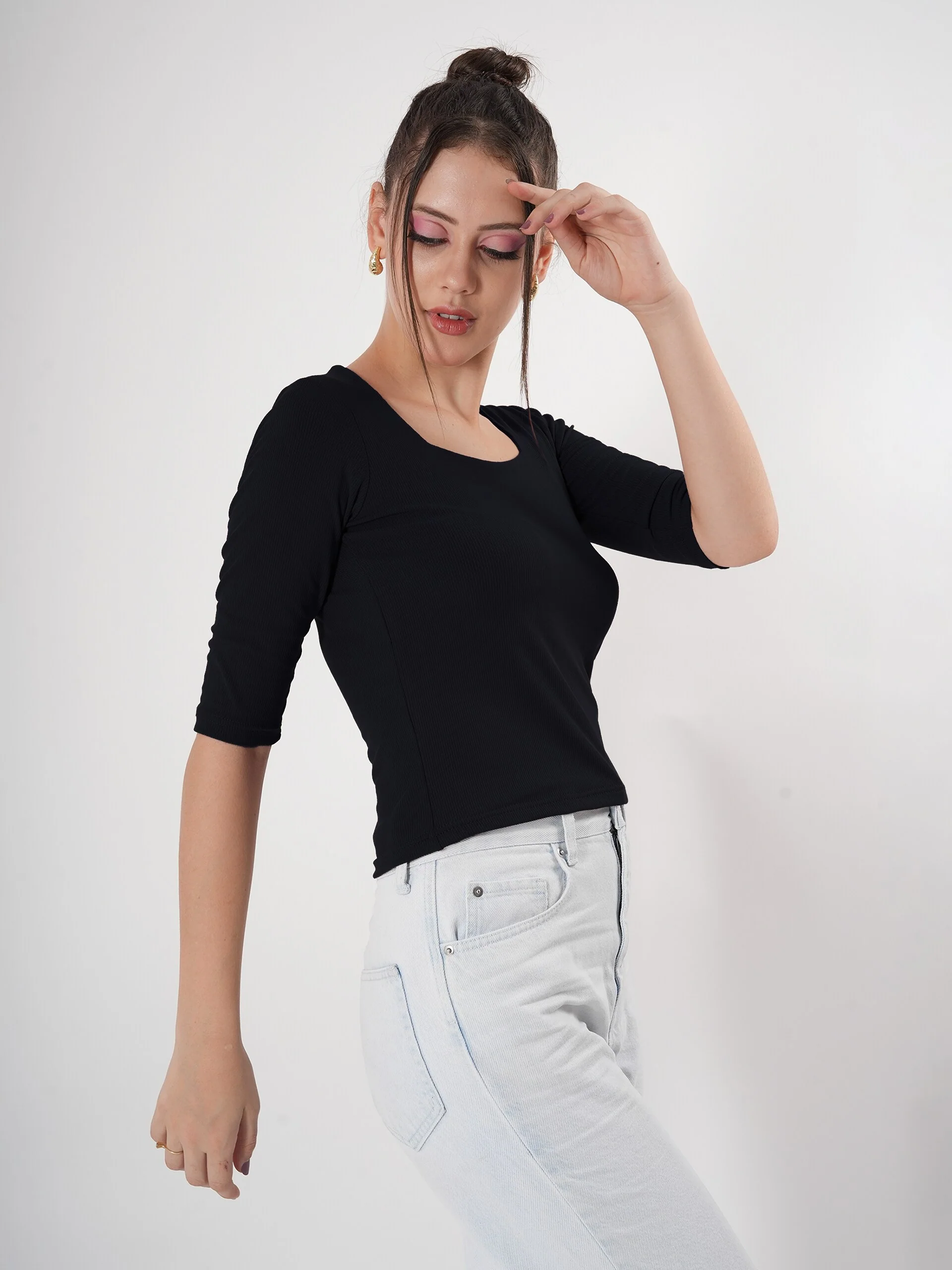 Solid 3/4 Sleeve Fitted Semi Crop Top - Image 16