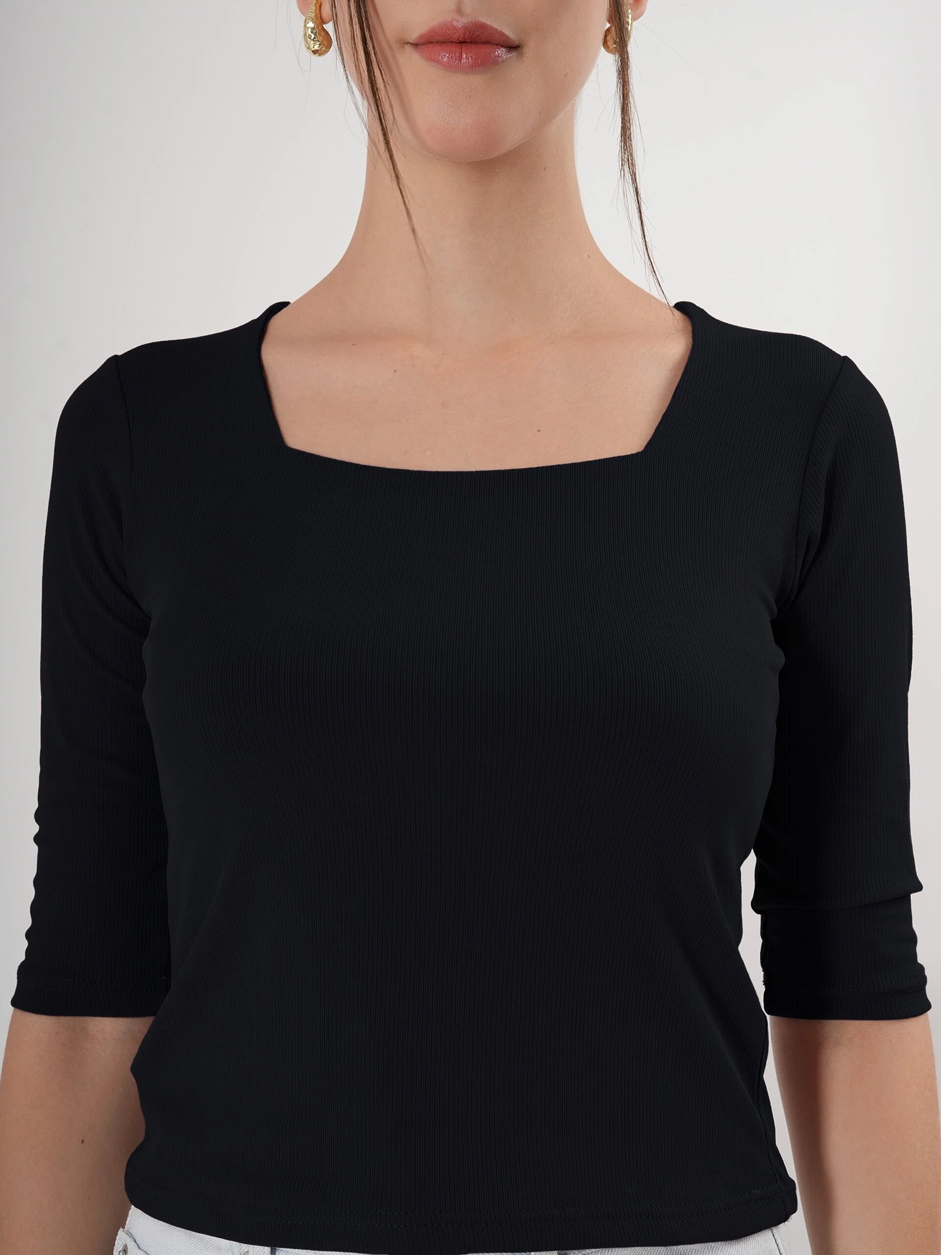 Solid 3/4 Sleeve Fitted Semi Crop Top - Image 17