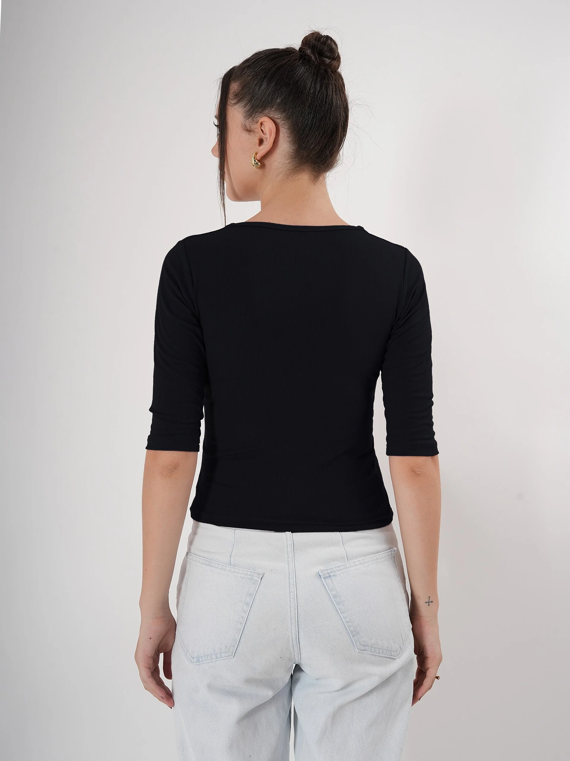 Solid 3/4 Sleeve Fitted Semi Crop Top - Image 18