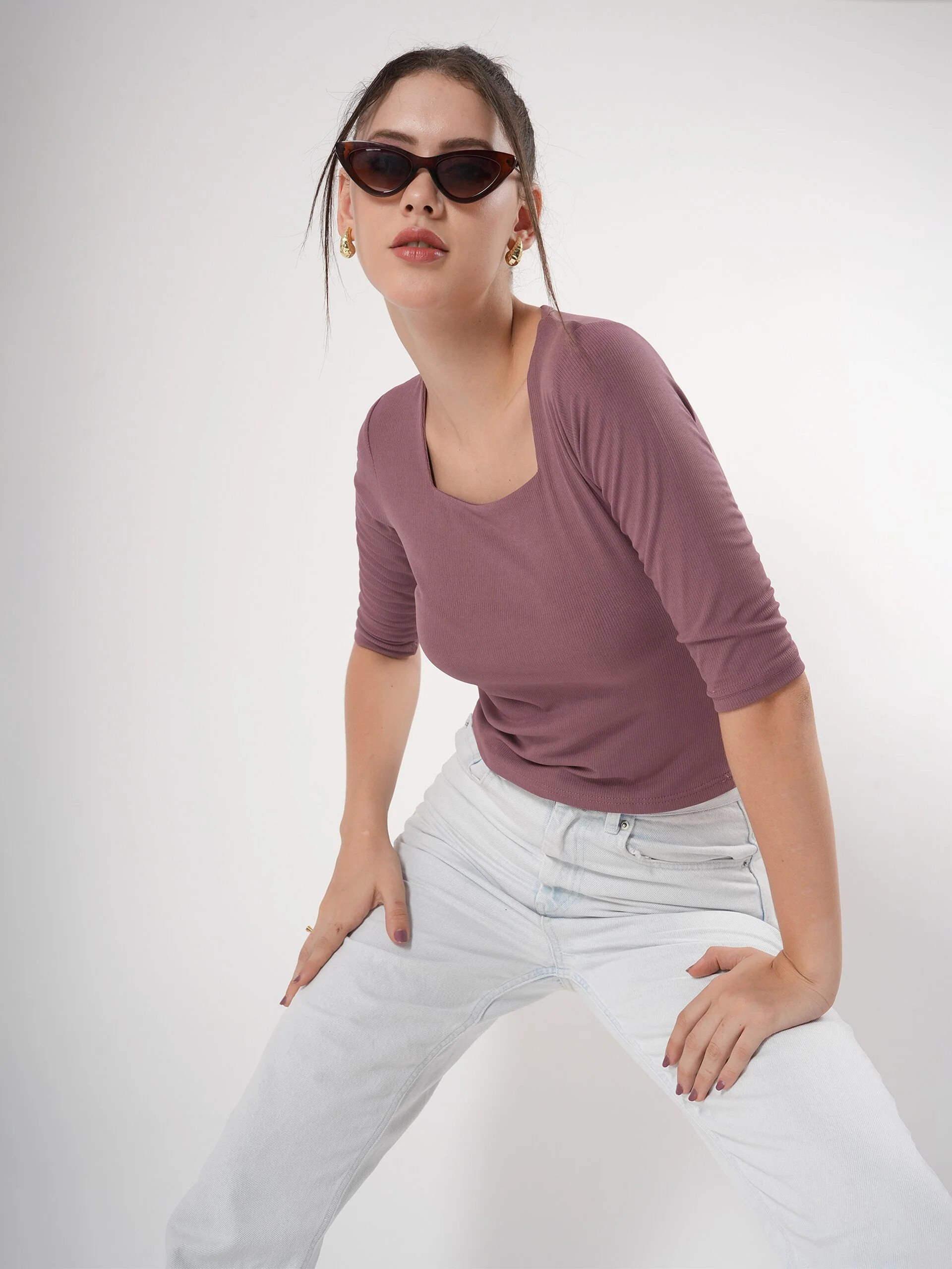 Solid 3/4 Sleeve Fitted Semi Crop Top - Image 3