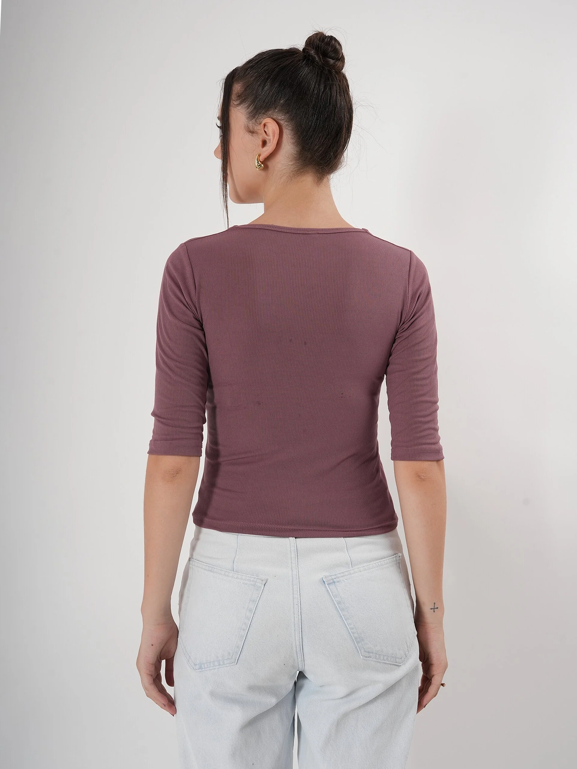 Solid 3/4 Sleeve Fitted Semi Crop Top - Image 4