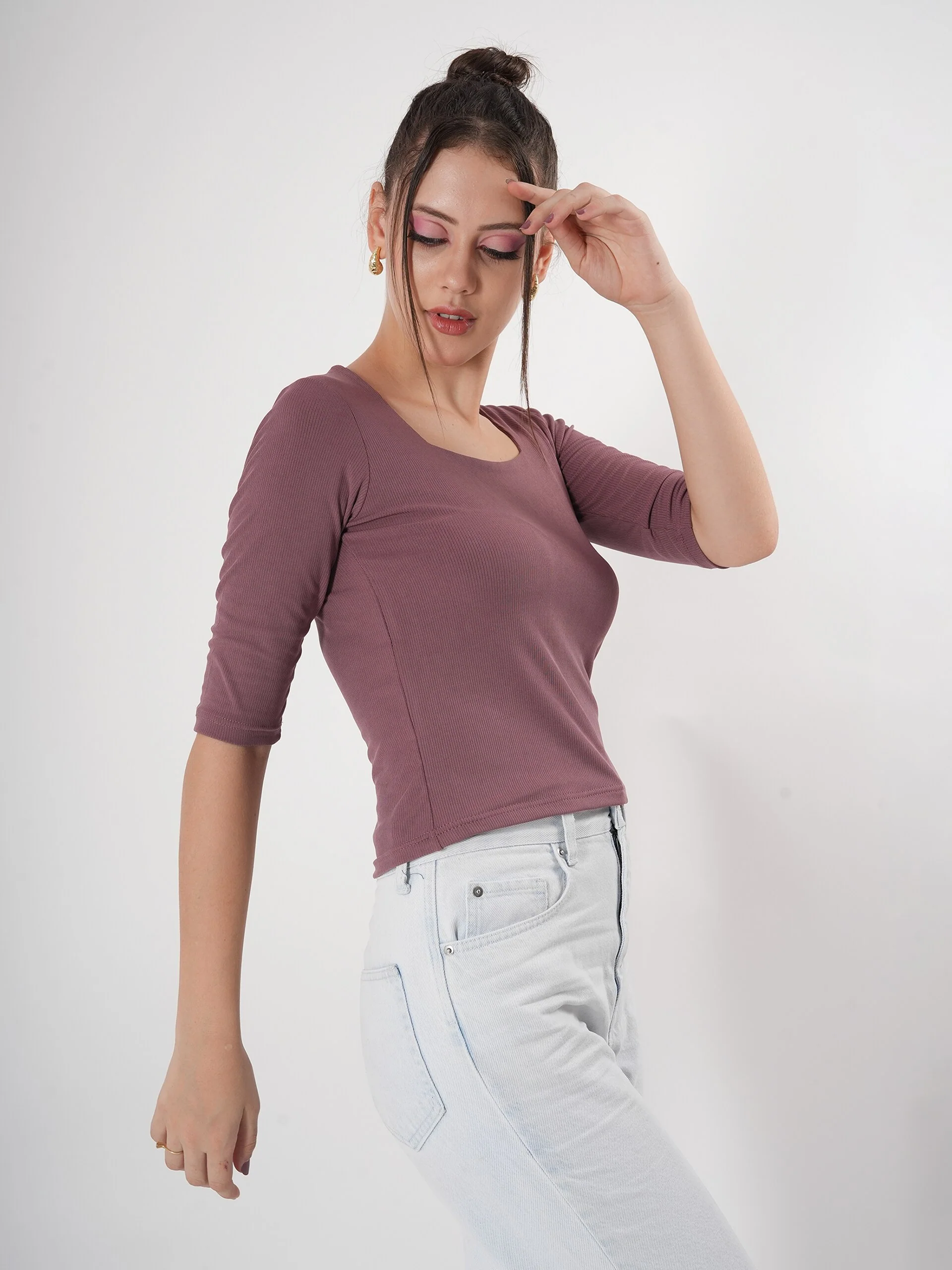 Solid 3/4 Sleeve Fitted Semi Crop Top - Image 6