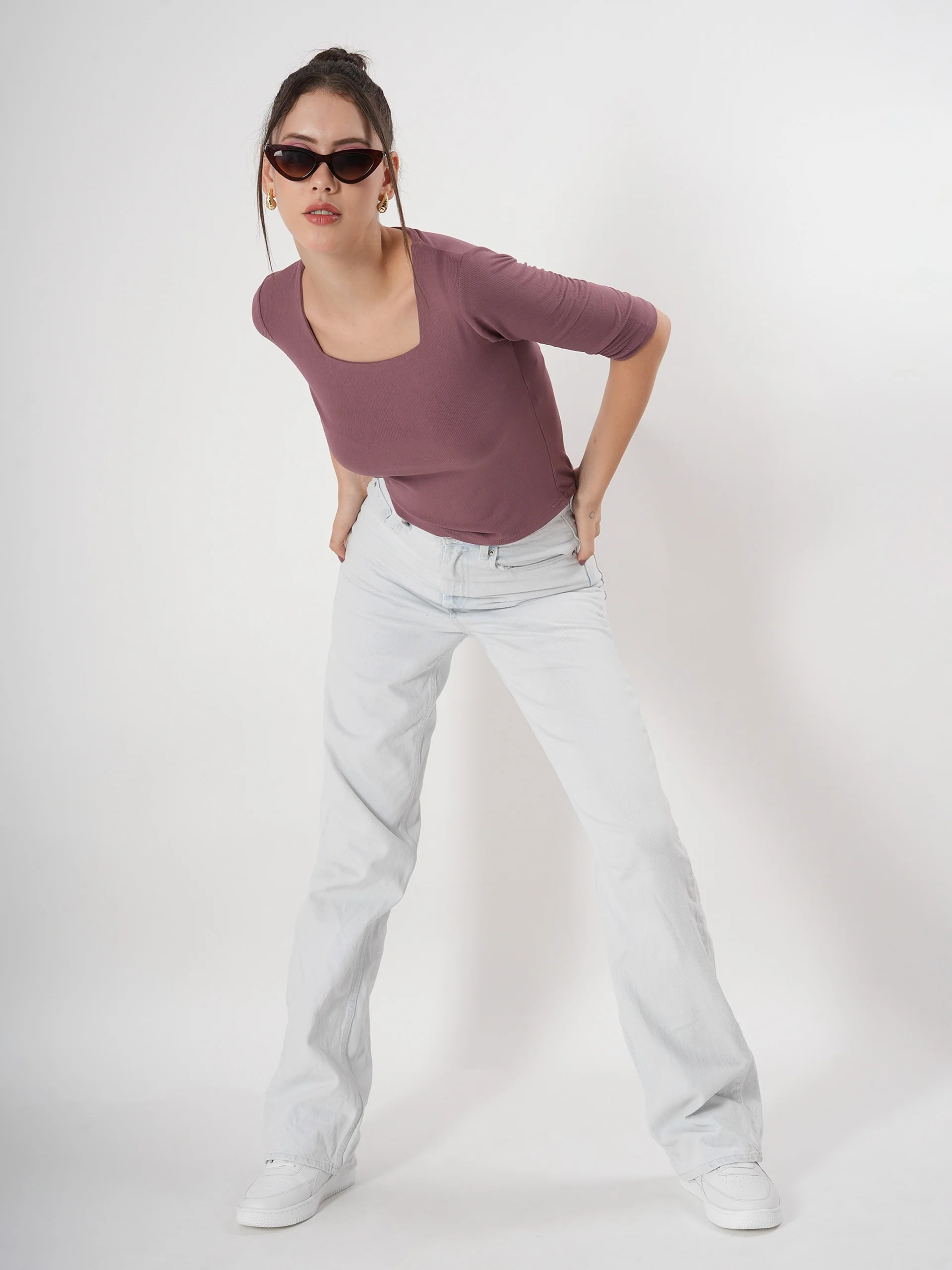 Solid 3/4 Sleeve Fitted Semi Crop Top - Image 7