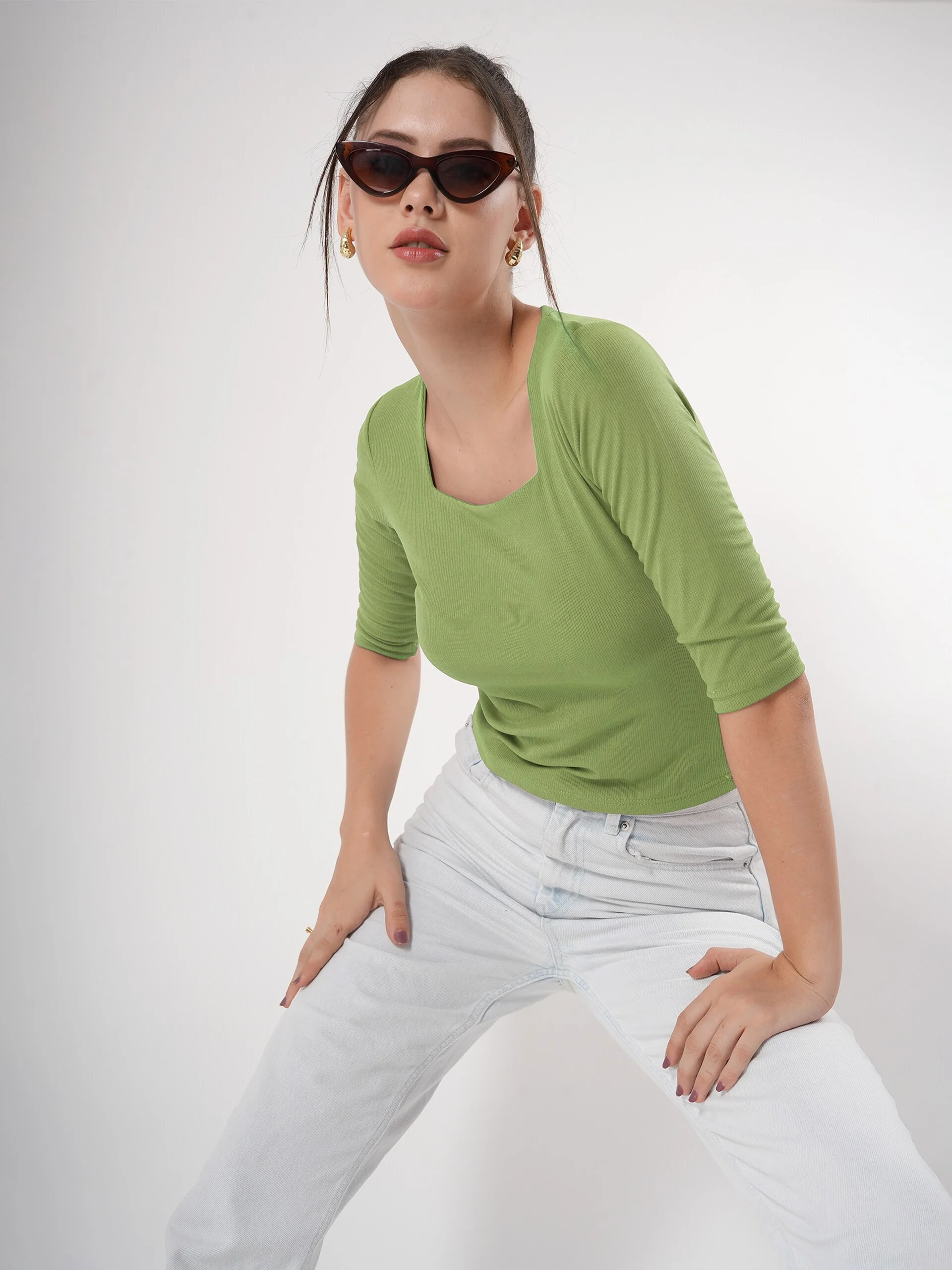 Solid 3/4 Sleeve Fitted Semi Crop Top - Image 9