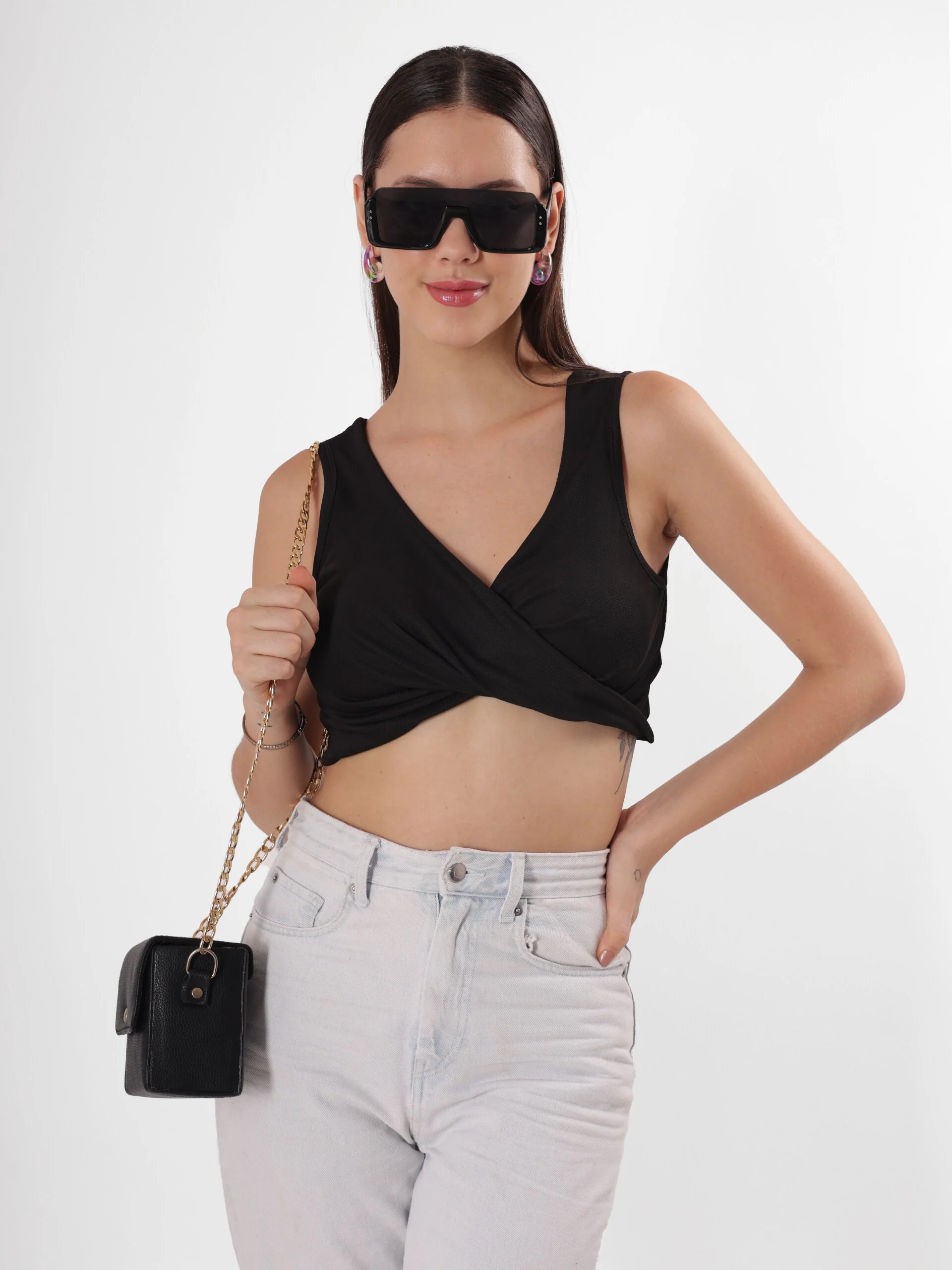 Solid Black Twist Sleeveless Crop Top - Image 4