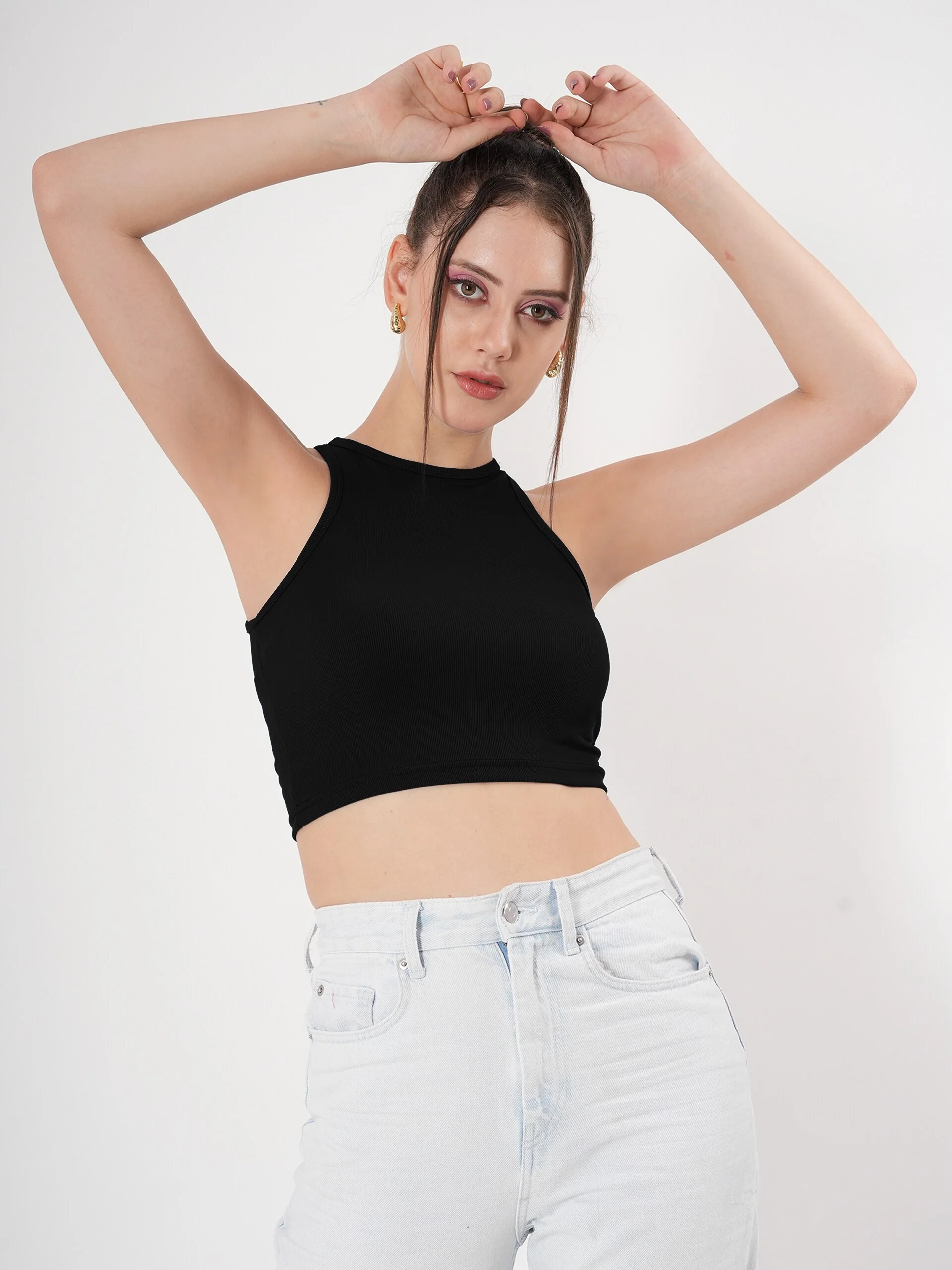 Solid Blue Sleeveless Crop Tank Top - Image 16